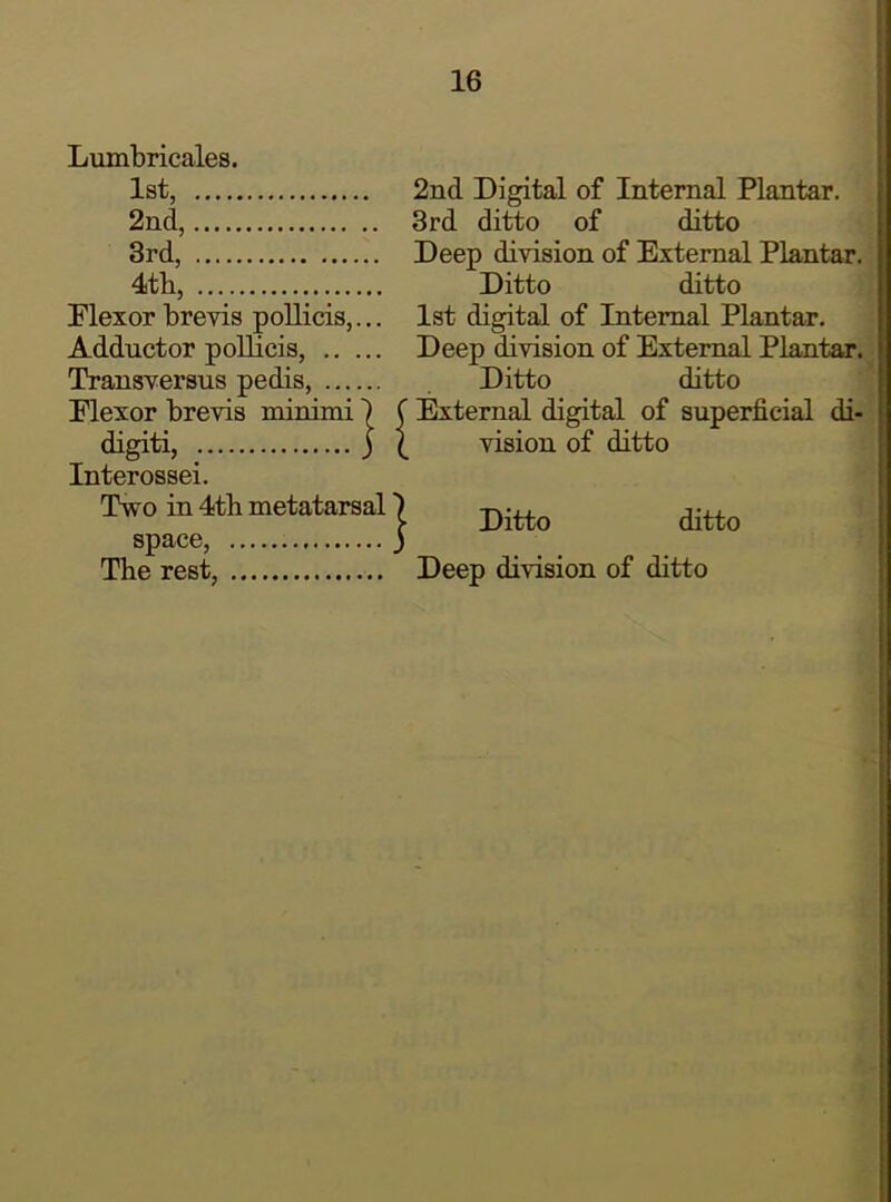 Lumbricales. 1st, 2nd Digital of Internal Plantar. 2nd, 3rd ditto of ditto 3rd, Deep division of External Plantar. 4th, Ditto ditto Flexor brevis poUicis,... 1st digital of Internal Plantar. Adductor poUicis, Deep division of External Plantar. Transversus pedis, Ditto ditto Flexor brevis minimi | C External digital of superficial di- digiti, j I vision of ditto Interossei. Two in 4th metatarsal I space, 3 The rest, Deep division of ditto