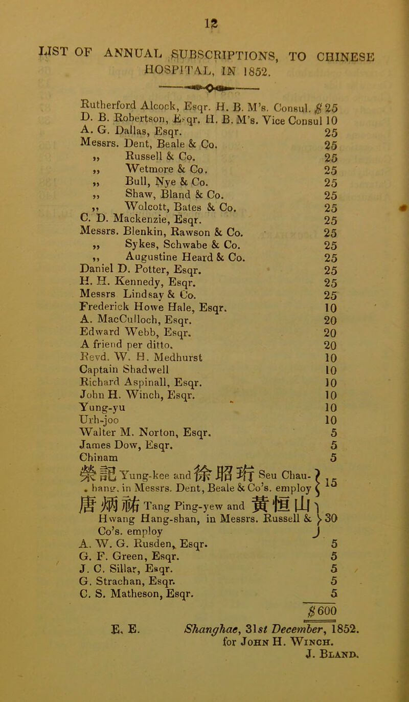 LIST OF ANNUAL ;SUBSCRIPTIONS, HOSPITAL, IN 1852. TO CHINESE Rutherford Alcock, Esqr. H. B. M’s. Consul. ,^25 D. B. Robertson. E--nr. R R M’q in A. G. Dallas, Esqr. 25 Messrs. Dent, Beale & Co. 25 ,, Russell & Co. 25 „ Wetmore & Co. 25 ,, Bull, Nye & Co. 25 „ Shaw, Bland & Co. 25 ,, Wolcott, Bates &. Co. 25 C. D. Mackenzie, Esqr. 25 Messrs. Blenkin, Rawson & Co. 25 ,, Sykes, Schwabe & Co. 25 „ Augustine Heard & Co. 25 Daniel D. Potter, Esqr. 25 H. H. Kennedy, Esqr. 25 Messrs Lindsay & Co. 25 Frederick Howe Hale, Esqr. 10 A. MacCulloch, Esqr. 20 Edward Webb, Esqr. 20 A friend per ditto. 20 Revd. W. H. Medhurst 10 Captain Shadwell 10 Richard Aspinall, Esqr. 10 John H. Winch, Esqr. 10 Yung-yu 10 Urh-joo 10 Walter M. Norton, Esqr. 5 James Dow, Esqr. 5 Chinam 5 Yung-kee and Jfj Seu Chau- . hany. in Messrs. Dent, Beale &Co’s. employ 15 lllfj Tang Ping-yew and Hwang Hang-shan, in Messrs. Co’s, employ A. W, G. Rusden^ Esqr. G. F. Green, Esqr. J. C. Sillar, Esqr. G. Strachan, Esqr. C. S. Matheson, Esqr. iHih-i Russell & ^ 30 J 5 5 5 5 5 ~$600 E. E. Shanghae, 31s< December^ 1852. for John H. Winch. J. Bland. A