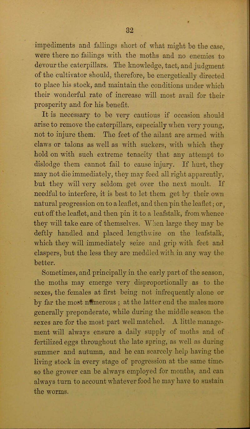 impediments and fallings sliort of wliat might be the case, were there no failings with the moths and no enemies to devour the caterpillars. The knowledge, tact, and judgment of the cultivator should, therefore, he energetically directed to place his stock, and maintain the conditions under which their wonderful rate of increase will most avail for their prosperity and for his benefit. It is necessary to be very cautious if occasion should arise to remove the caterpillars, especially when very young, not to injure them. The feet of the ailant are armed with claws or talons as well as with suckers, with which they hold on with such extreme tenacity that any attempt to dislodge them cannot fail to cause injury. If hurt, they may not die immediately, they may feed all right apparently, but they will very seldom get over the next moult. If needful to interfere, it is best to let them get by their own natural progression on to a leaflet, and then pin the leaflet; or, cut off the leaflet, and then pin it to a leafstalk, from whence they will take care of themselves. When large they may be deftly handled and placed lengthwise on the leafstalk, which they will immediately seize and grip with feet and claspers, but the less they are meddled with in any way the better. Sometimes, and principally in the early part of the season, the moths may emerge very disproportionaUy as to the sexes, the females at first being not infrequently alone or by far the most numerous ; at the latter end the males more generally preponderate, while during the middle season the sexes are for the most part well matched. A little manage- ment will always ensure a daily supply of moths and of fertilized eggs throughout the late spring, as well as during summer and autumn, and he can scarcely help having the living stock in every stage of progression at the same time> so the grower can be always employed for months, and can always turn to account whatever food he may have to sustain the worms.