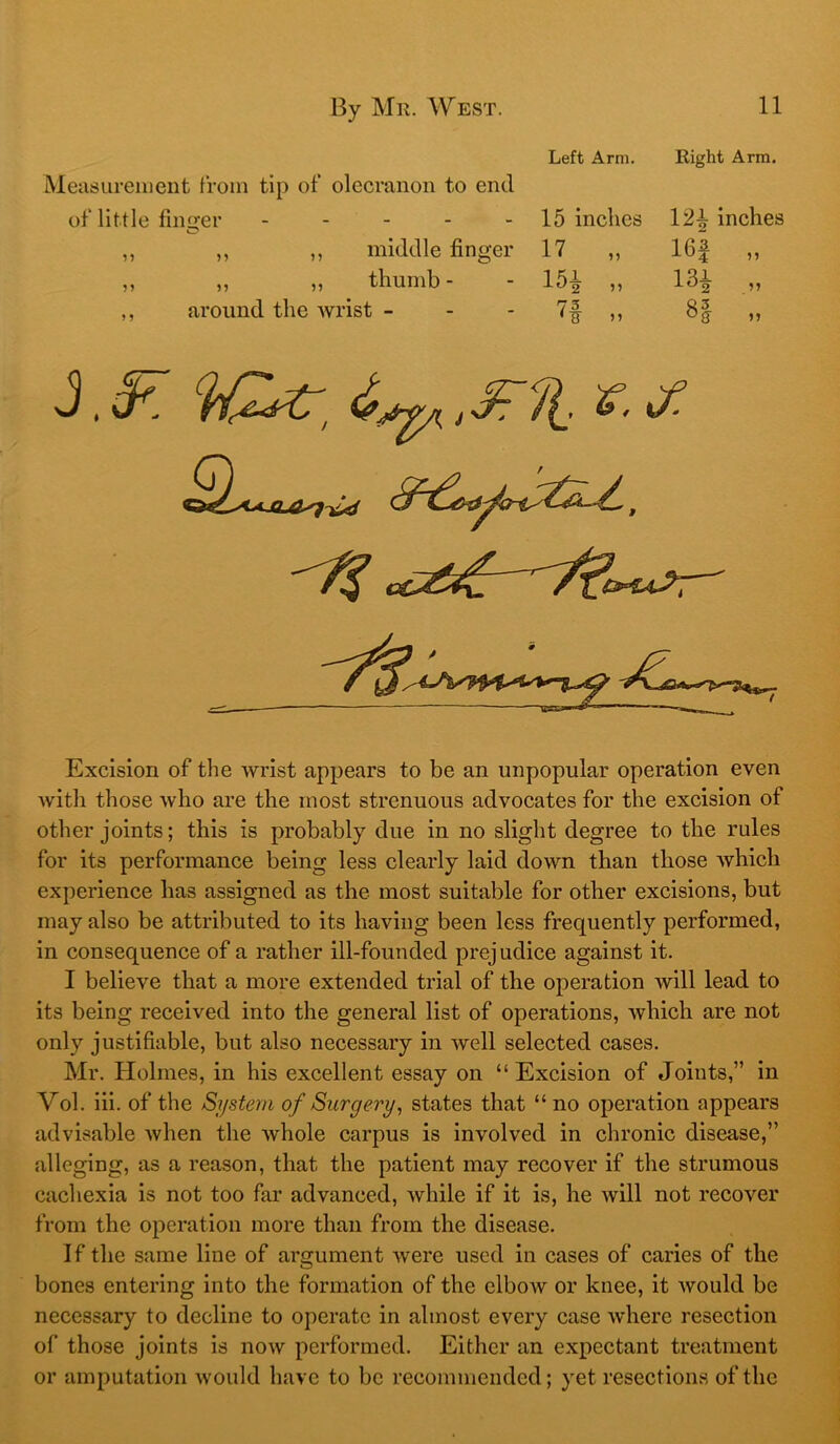 Measurement from tip of olecranon to end Left Arm. Right Arm. of little finger ----- 15 inches 121 inches ,, ,, ,, middle finger 17 „ 16| „ „ „ „ thumb- „ 1^2 11 ,, around the wrist - 7f „ 8| „ J. <f- Excision of the wrist appears to be an unpopular operation even Avitli those who are the most strenuous advocates for the excision of other joints; this is probably due in no slight degree to the rules for its performance being less clearly laid down than those Avhich experience has assigned as the most suitable for other excisions, but may also be attributed to its having been less frequently performed, in consequence of a rather ill-founded prejudice against it. I believe that a more extended trial of the operation will lead to its being received into the general list of operations, which are not only justifiable, but also necessary in well selected cases. Mr. Holmes, in his excellent essay on “ Excision of Joints,” in Vol. iii. of the System of Surgery^ states that “no operation appears advisable when the whole carpus is involved in chronic disease,” alleging, as a reason, that the patient may recover if the strumous cachexia is not too far advanced, while if it is, he will not recover from the operation more than from the disease. If the same line of argument were used in cases of caries of the bones entering into the formation of the elboAv or knee, it would be necessary to decline to operate in almost every case where resection of those joints is now performed. Either an expectant treatment or amputation would have to be recommended; yet resections of the