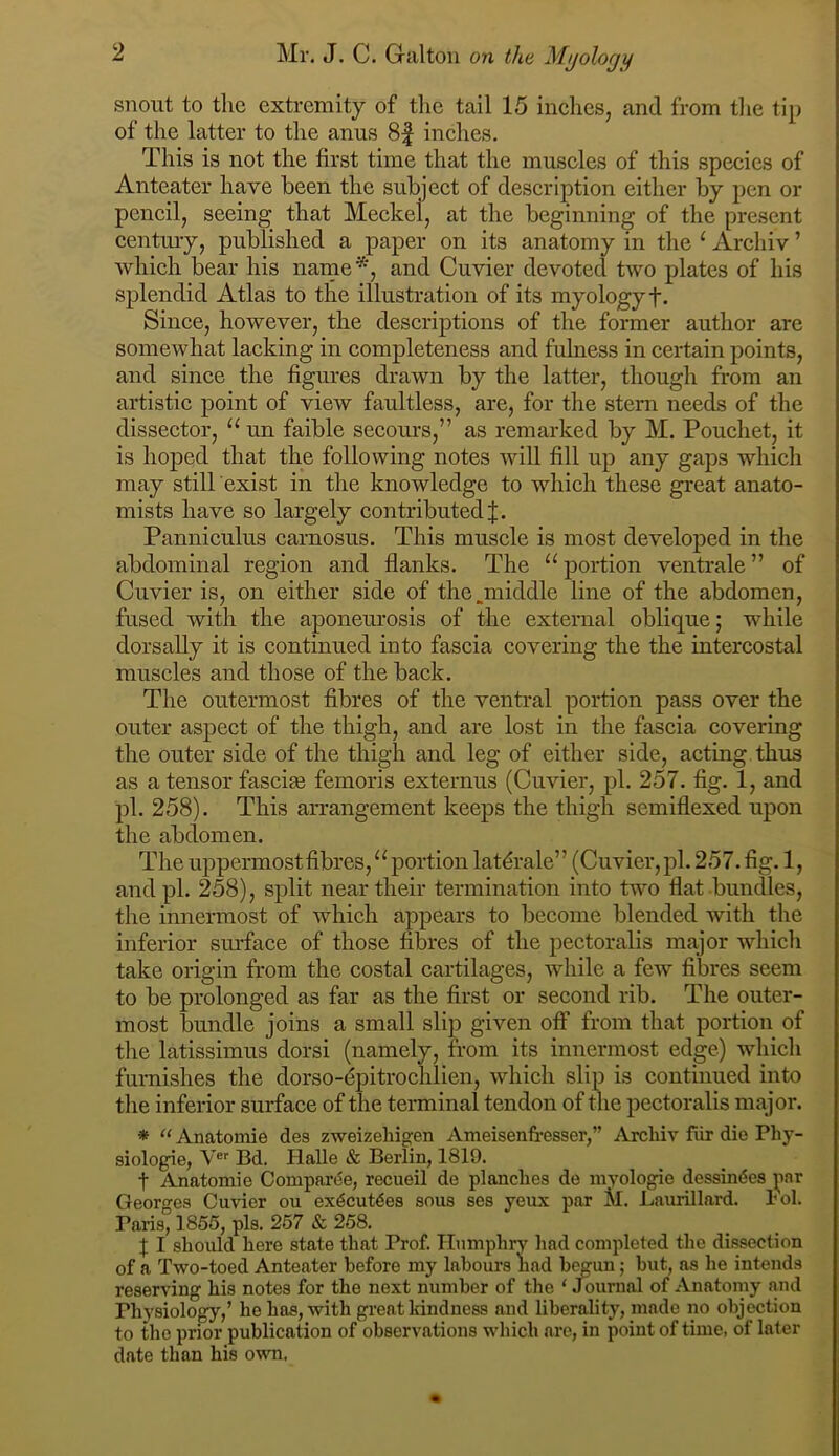 snout to tlie extremity of tlie tail 15 inches, and from tlie tip of the latter to the anus 8| inches. This is not the first time that the muscles of this species of Antcater have been the subject of description either by pen or pencil, seeing that Meckel, at the beginning of the present century, published a paper on its anatomy in the ‘ Archiv ’ which bear his name*, and Cuvier devoted two plates of his splendid Atlas to the illustration of its myologyf. Since, however, the descriptions of the former author are somewhat lacking in completeness and fulness in certain points, and since the figm-es drawn by the latter, though from an artistic point of view faultless, are, for the stern needs of the dissector, “ un faible secours,” as remarked by M. Pouchet, it is hoped that the following notes will fill up any gaps which may still exist in the knowledge to which these great anato- mists have so largely contributed!. Panniculus carnosus. This muscle is most developed in the abdominal region and flanks. The “ portion ventrale ” of Cuvier is, on either side of the.middle line of the abdomen, fused with the aponeurosis of the external oblique; while dorsally it is continued into fascia covering the the intercostal muscles and those of the back. The outermost fibres of the ventral portion pass over the outer aspect of the thigh, and are lost in the fascia covering the outer side of the thigh and leg of either side, acting thus as a tensor fascise femoris externus (Cuvier, pi. 257. fig. 1, and l^l. 258). This arrangement keeps the thigh semiflexed upon the abdomen. The uppermost fibres, “portion lat^rale” (Cuvier, pi. 257. fig. 1, and pi. 258), split near their termination into two flat bundles, the innermost of which appears to become blended with the inferior sm-face of those fibres of the pectoralis major which take origin from the costal cartilages, while a few fibres seem to be prolonged as far as the first or second rib. The outer- most bundle joins a small slip given off from that portion of tlie latissimus dorsi (namely, from its innermost edge) which furnishes the dorso-epitrochlien, which slip is continued into the inferior surface of the terminal tendon of tne pectoralis major. * “ Anatomie des zweizehigen Ameisenfresser,” Archiv fiir die Phy- siologie, V®' Bd. Halle & Berlin, 1819. t Anatomie Comparoe, recueil de planches de niyologie dessin<Ses |iar Georges Cuvier ou ex^cut^es sous ses yeux par M, Laurillard. hoi. Paris, 1866, pis. 267 & 268. X I should here state that Prof. Humphry liad completed the dissection of a Two-toed Anteater before my labours had begun; but, as he intends reserving his notes for the next number of the ‘Journal of Anatomy and Physiology,’ he has, with great kindness and liberality, made no objection to the prior publication of observations which are, in point of time, of later date than his own.