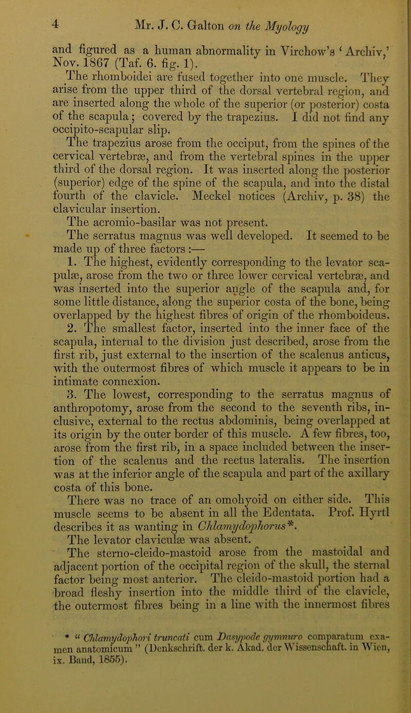 and figured as a human abnormality in Virchow’s ‘ Archiv,’ Nov. 1867 (Taf. 6. fig. 1). The rhomboidei are fused together into one muscle. They arise from the uj>per third of the dorsal vertebral region, and are inserted along the whole of the superior (or posterior) costa of the scapula; covered by the trapezius. I did not find any occipito-scapular slip. The trapezius arose from the occiput, from the spines of the cervical vertebras, and from the vertebral spines in the upper third of the dorsal region. It was inserted along the posterior (superior) edge of the spine of tlie scapula, and into the distal fourth of the clavicle. Meckel notices (Archiv, p. 38) the clavicular insertion. The acromio-basilar was not present. The serratus magnus was well developed. It seemed to be made up of three factors :— 1. The highest, evidently corresponding to the levator sca- pulas, arose from the two or three lower cervical vertebrae, and was inserted into the superior angle of the scapula and, for some little distance, along the superior costa of the bone, being overlapped by the highest fibres of origin of the rhomboideus. 2. The smallest factor, inserted into the inner face of the scapula, internal to the division just described, arose from the first rib, just external to the insertion of the scalenus anticus, with the outermost fibres of which muscle it appears to be in intimate connexion. 3. The lowest, corresponding to the serratus magnus of anthropotomy, arose from the second to the seventh ribs, in- clusive, external to the rectus abdominis, being overlapped at its origin by the outer border of this muscle. A few fibres, too, arose from the first rib, in a space included between the inser- tion of the scalenus and the rectus lateralis. The insertion was at the inferior angle of the scapula and part of the axillary costa of this bone. There was no trace of an omohyoid on either side. This muscle seems to be absent in all the Edentata. Prof. Hyrtl describes it as wanting in Glilamydojghorus’^. The levator claviculm was absent. The stemo-cleido-mastoid arose from the mastoidal and adjacent portion of the occipital region of the skull, the sternal factor being most anterior. The cleido-mastoid portion had a broad fleshy insertion into the middle third of the clavicle, the outermost fibres being in a line with the innennost fibres * “ Chlamydojihori truncati cum Dastypodc gymnuro comparntuni exa- men anatomicum ” (Denkschrift. der k.Akad. dcr Wissenschaft. in Wien, ix. Band, 1855).