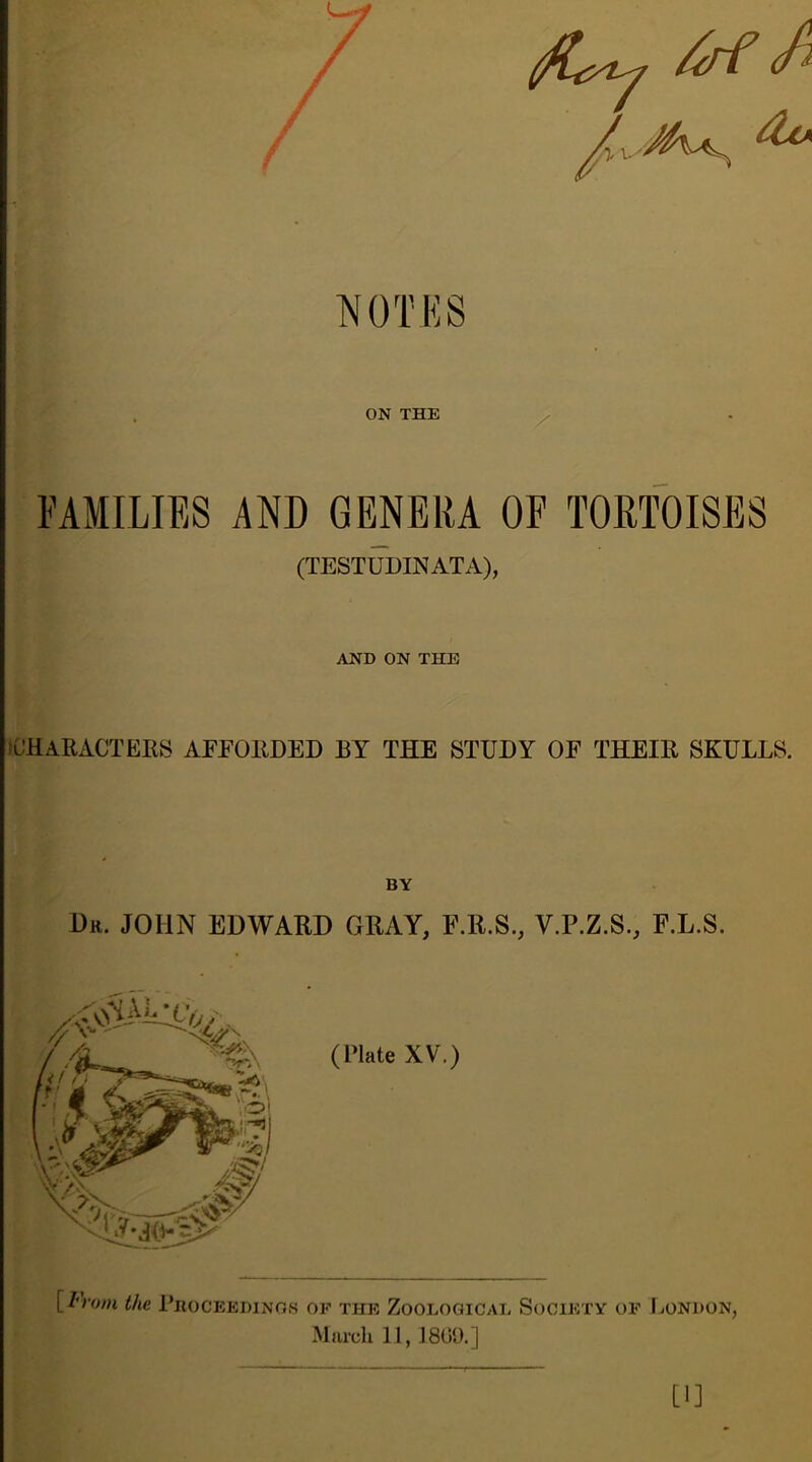 . ON THE / FAMILIES AND GENEIU OF TORTOISES (TESTUDINATA), AND ON THE fOHARACTERS AEEOIIDED EY THE STUDY OF THEIE SKULLS. BY Dr. JOHN EDWARD GRAY, F.R.S., V.P.Z.S., F.L.S. (IMate XV.) [/'Vom the PiiocEEDiNo.s of the Zoological Society of London, March 11, 1809.] [1]