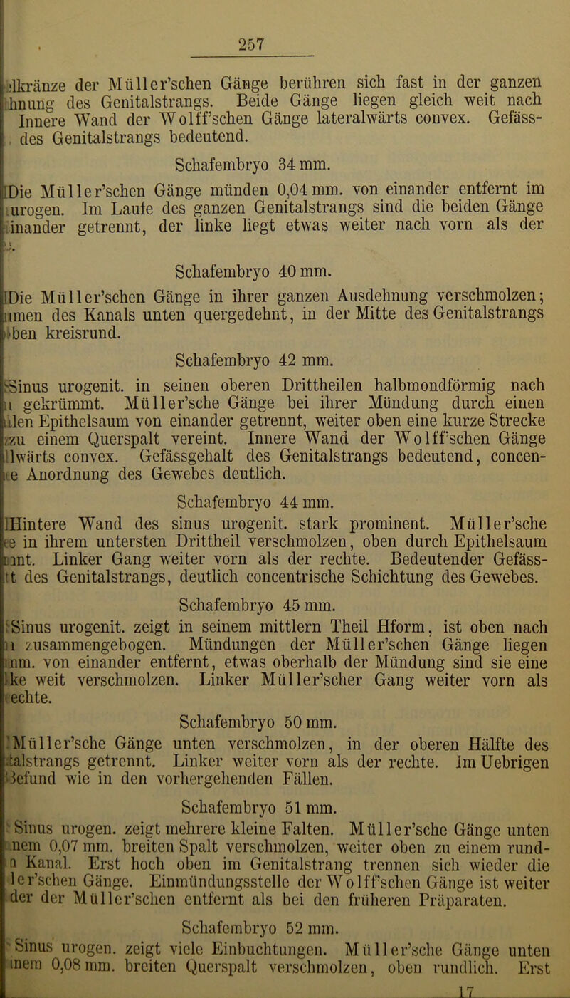 Jkränze der Müller’schen Gänge berühren sich fast in der ganzen hnung des Genitalstrangs. Beide Gänge liegen gleich weit nach Innere Wand der Wol ff sehen Gänge lateralwärts convex. Gefäss- , des Genitalstrangs bedeutend. Schafembryo 34 mm. IDie Müller’schen Gänge münden 0,04mm. von einander entfernt im lurogen. Im Laufe des ganzen Genitalstrangs sind die beiden Gänge iinander getrennt, der linke liegt etwas weiter nach vorn als der \ j Schafembryo 40 mm. IDie Müller’schen Gänge in ihrer ganzen Ausdehnung verschmolzen; nmen des Kanals unten quergedehnt, in der Mitte des Genitalstrangs Iben kreisrund. Schafembryo 42 mm. trSinus urogenit. in seinen oberen Drittheilen halbmondförmig nach 11 gekrümmt. Müller’sche Gänge bei ihrer Mündung durch einen ulen Epithelsaum von einander getrennt, weiter oben eine kurze Strecke zzu einem Querspalt vereint. Innere Wand der WoIffsehen Gänge llwärts convex. Gefässgehalt des Genitalstrangs bedeutend, concen- iie Anordnung des Gewebes deutlich. Schafembryo 44 mm. IHintere Wand des sinus urogenit. stark prominent. Müller’sche ee in ihrem untersten Drittheil verschmolzen, oben durch Epithelsaum umt. Linker Gang weiter vorn als der rechte. Bedeutender Gefäss- tt des Genitalstrangs, deutlich concentrische Schichtung des Gewebes. Schafembryo 45 mm. I'Sinus urogenit. zeigt in seinem mittlern Theil Hform, ist oben nach 11 zusammengebogen. Mündungen der Müller’schen Gänge liegen mm. von einander entfernt, etwas oberhalb der Mündung sind sie eine Ike weit verschmolzen. Linker Müller’scher Gang weiter vorn als t echte. Schafembryo 50 mm. 'Müller’sche Gänge unten verschmolzen, in der oberen Hälfte des ;talstrangs getrennt. Linker weiter vorn als der rechte, im Uebrigen Gefund wie in den vorhergehenden Fällen. Schafembryo 51 mm. 'Sinus urogen. zeigt mehrere kleine Falten. Müller’sche Gänge unten : .nem 0,07 mm. breiten Spalt verschmolzen, weiter oben zu einem rund- n Kanal. Erst hoch oben im Genitalstrang trennen sich wieder die 1 e r’schen Gänge. Einmündungsstelle der W o Iff sehen Gänge ist weiter der der Müller’schen entfernt als bei den früheren Präparaten. Schafembryo 52 mm. ' Sinus urogen. zeigt viele Einbuchtungen. Müller’sche Gänge unten inem 0,08mm. breiten Querspalt verschmolzen, oben rundlich. Erst 17,.