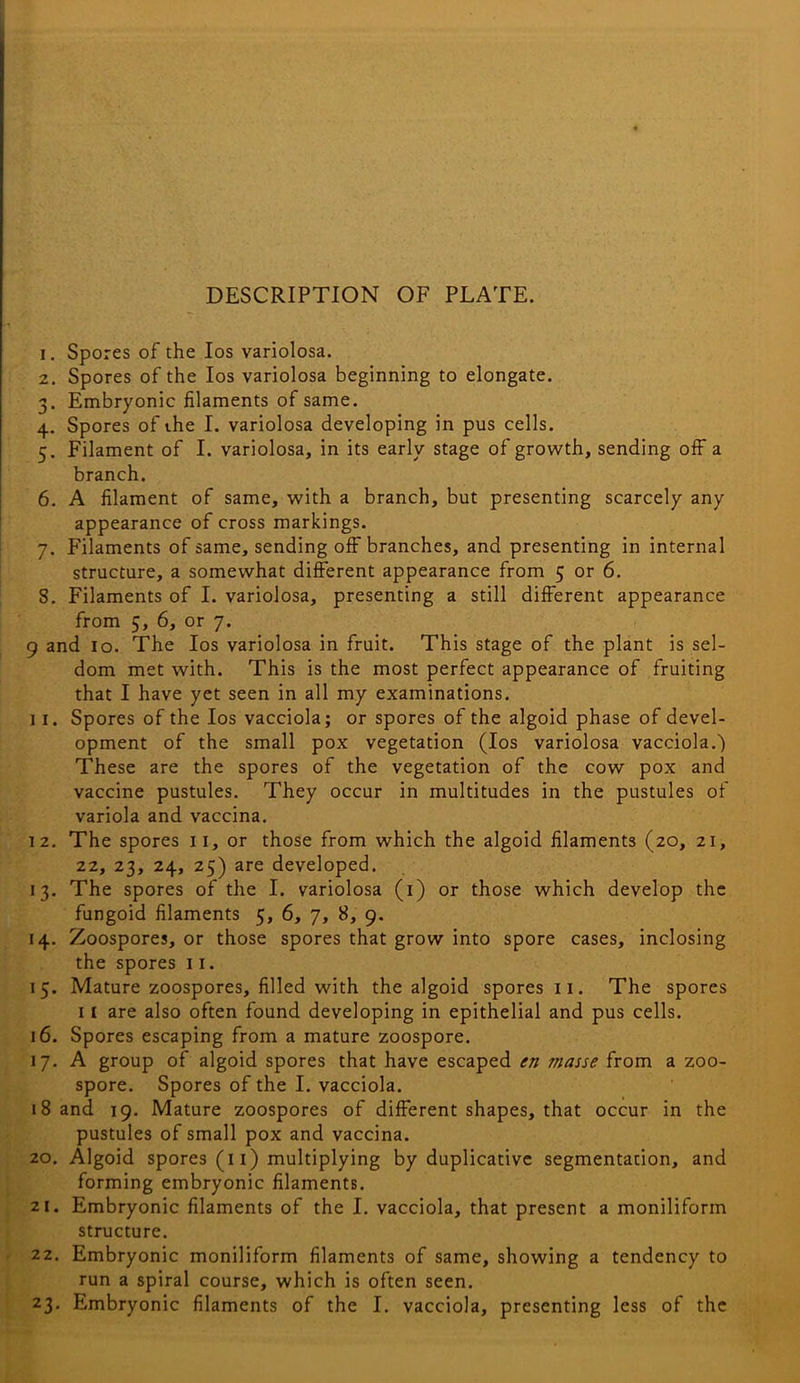 DESCRIPTION OF PLATE. 1. Spores of the los variolosa. 2. Spores of the los variolosa beginning to elongate. 3. Embryonic filaments of same. 4. Spores of ihe I. variolosa developing in pus cells. 5. Filament of I. variolosa, in its early stage of growth, sending off a branch. 6. A filament of same, with a branch, but presenting scarcely any appearance of cross markings. 7. Filaments of same, sending ojfF branches, and presenting in internal structure, a somewhat different appearance from 5 or 6. 8. Filaments of I. variolosa, presenting a still different appearance from 5, 6, or 7. 9 and 10. The los variolosa in fruit. This stage of the plant is sel- dom met with. This is the most perfect appearance of fruiting that I have yet seen in all my examinations. 11. Spores of the los vacciola; or spores of the algoid phase of devel- opment of the small pox vegetation (los variolosa vacciola.') These are the spores of the vegetation of the cow pox and vaccine pustules. They occur in multitudes in the pustules of variola and vaccina. 12. The spores 11, or those from which the algoid filaments (20, 21, 22, 23, 24, 25) are developed. 13. The spores of the I. variolosa (i) or those which develop the fungoid filaments 5, 6, 7, 8, 9. 14. Zoospores, or those spores that grow into spore cases, inclosing the spores 11. 15. Mature zoospores, filled with the algoid spores ii. The spores 11 are also often found developing in epithelial and pus cells. 16. Spores escaping from a mature zoospore. 17. A group of algoid spores that have escaped en masse from a zoo- spore. Spores of the I. vacciola. 18 and 19. Mature zoospores of different shapes, that occur in the pustules of small pox and vaccina. 20. Algoid spores (11) multiplying by duplicative segmentation, and forming embryonic filaments. 21. Embryonic filaments of the I. vacciola, that present a moniliform structure. 22. Embryonic moniliform filaments of same, showing a tendency to run a spiral course, which is often seen.