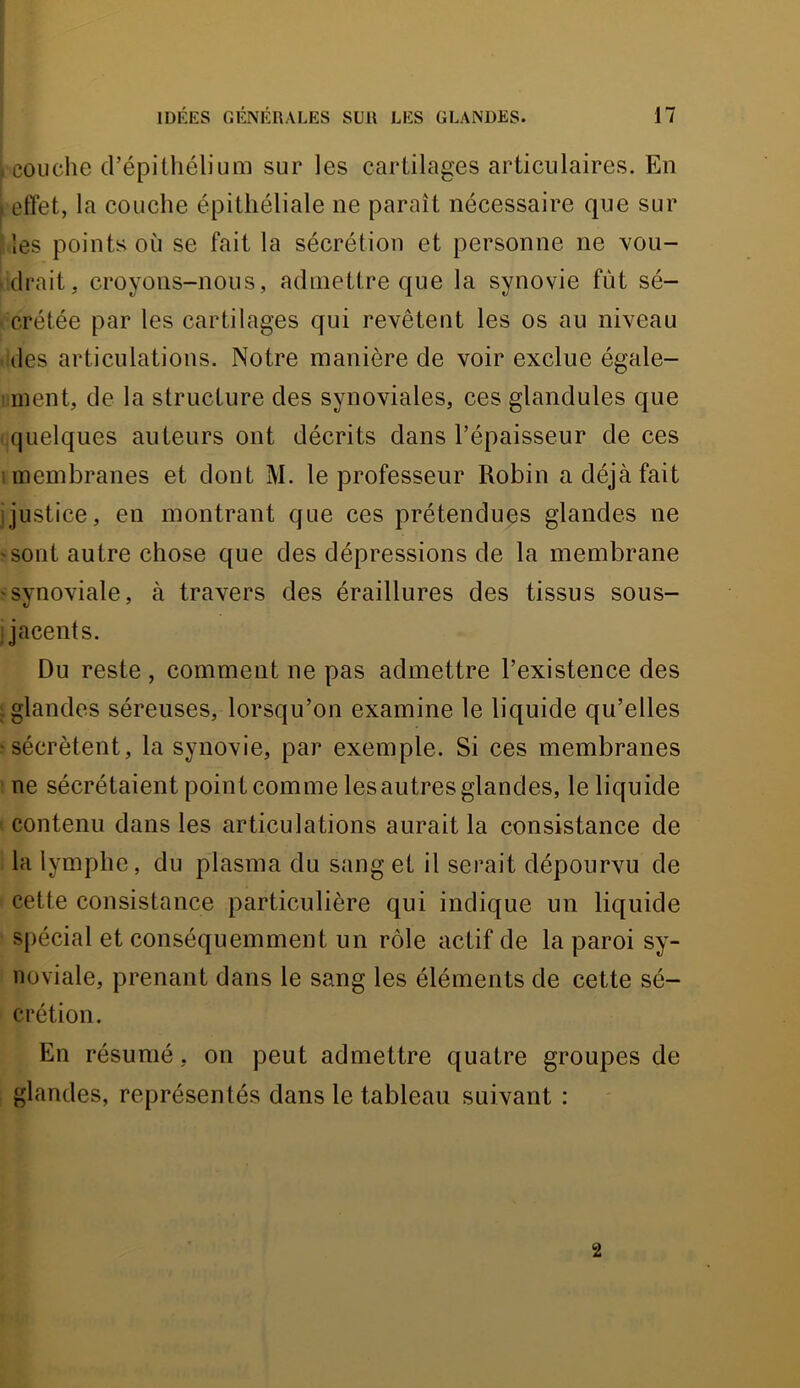 i j i j ! couche d’épitliélium sur les cartilages articulaires. En I effet, la couche épithéliale ne paraît nécessaire que sur 'les points où se fait la sécrétion et personne ne you- • cirait, croyons-nous, admettre que la synovie fût sé- crétée par les cartilages qui revêtent les os au niveau (les articulations. Notre manière de voir exclue égale- îinent, de la structure des synoviales, ces glandules que quelques auteurs ont décrits dans l’épaisseur de ces 1 membranes et dont M. le professeur Robin a déjà fait i justice, en montrant que ces prétendues glandes ne >sont autre chose que des dépressions de la membrane 'Synoviale, à travers des éraillures des tissus sous- i jacents. Du reste , comment ne pas admettre l’existence des : glandes séreuses, lorsqu’on examine le liquide qu’elles 'Sécrètent, la synovie, par exemple. Si ces membranes : ne sécrétaient point comme les autres glandes, le liquide contenu dans les articulations aurait la consistance de la lymphe, du plasma du sang et il serait dépourvu de cette consistance particulière qui indique un liquide spécial et conséquemment un rôle actif de la paroi sy- noviale, prenant dans le sang les éléments de cette sé- crétion. En résumé, on peut admettre quatre groupes de glandes, représentés dans le tableau suivant : 2