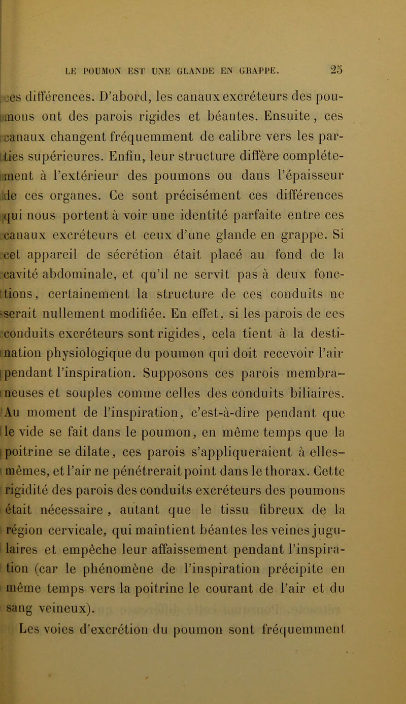 ees dittërences. D’abord, les canaux excréteurs des pou- I iiioiis ont des parois rigides et béantes. Ensuite, ces canaux changent fréquemment de calibre vers les par- ties supérieures. Enfin, leur structure diffère complète- ment à l’extérieur des poumons ou dans l’épaisseur de ces organes. Ce sont précisément ces différences qui nous portent à voir une identité parfaite entre ces canaux excréteurs et ceux d’une glande en grappe. Si cet apjiareil de sécrétion était placé au fond de la cavité abdominale, et qu’il ne servît pas à deux fonc- [tiens, certainement la structure de ces conduits ne 'Serait nullement modifiée. En effet, si les parois de ces conduits excréteurs sont rigides, cela tient à la desti- Ination physiologique du poumon qui doit recevoir l’air I pendant l’inspiration. Supposons ces parois inembra- ineuses et souples comme celles des conduits biliaires. Au moment de l’inspiration, c’est-à-dire pendant que I le vide se fait dans le poumon, en même temps que la [poitrine se dilate, ces parois s’appliqueraient à elles- ' mêmes, et l’air ne pénétrerait point dans le thorax. Cette rigidité des parois des conduits excréteurs des poumons était nécessaire , autant que le tissu fibreux de la région cervicale, qui maintient béantes les veines jiigu- I laires et empêche leur affaissement pendant l’inspira- tion (car le phénomène de l’inspiration précipite en même temps vers la poitrine le courant de l’air et du sang veineux). Les voies d’excrétion du poumon sont fréquemmcnl