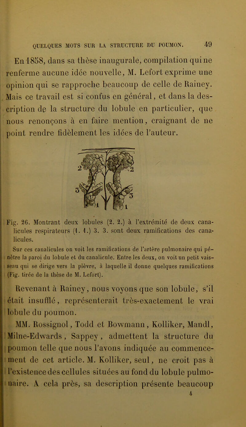 En 1858, dans sa thèse inaugurale, compilation qui ne renferme aucune idée nouvelle, M. Lefort exprime une opinion qui se rapproche beaucoup de celle de Rainey. Mais ce travail est si confus en général, et dans la des- cription de la structure du lobule en particulier, que nous renonçons à en faire mention, craignant de ne I point rendre fidèlement les idées de l’auteur. I 1 I I I I Fig. 26. Montrant deux lobules (2. 2.) à l’extrémité de deux cana- [ licules respirateurs (1. 1.) 3. 3. sont deux ramifications des cana- licules. Sur ces canalicules on voit les ramifications de l’artère pulmonaire qui pé- nètre la paroi du lobule et du canalicule. Entre les deux, on voit un petit vais- seau qui se dirige vers la plèvre, à laquelle il donne quelques ramifications (Fig. tirée de la thèse de M. Lefort), Revenant à Rainey, nous voyons que son lobule, s’il était insufflé, représenterait très-exactement le vrai lobule du poumon. MM. Rossignol, Todd et Rowmann, Kolliker, Mandl, Milne-Edwards, Sappey, admettent la structure du i poumon telle que nous l’avons indiquée au commence- iment de cet article. M. Kolliker, seul, ne croit pas à 1 l’existence des cellules situées au fond du lobule pulmo- I naire. A cela près, sa description présente beaucoup 4