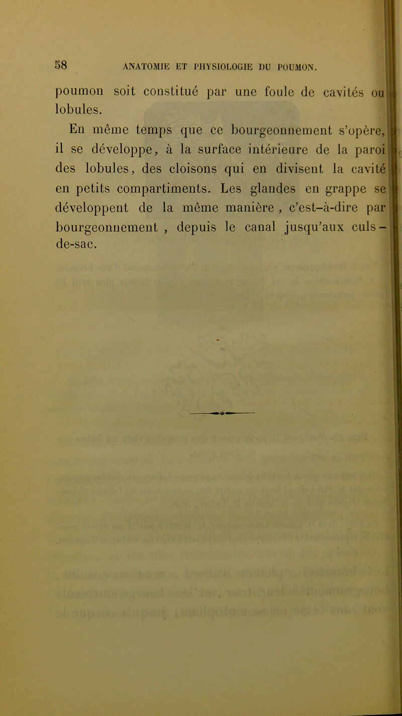 poumon soit constitué par une foule de cavités ouw lobules, {I En même temps que ce bourgeonnement s’opère, j| il se développe, à la surface intérieure de la paroij||! des lobules, des cloisons qui en divisent la cavitér| en petits compartiments. Les glandes en grappe se I développent de la même manière , c’est-à-dire par I bourgeonnement, depuis le canal jusqu’aux culs-I de-sac. I