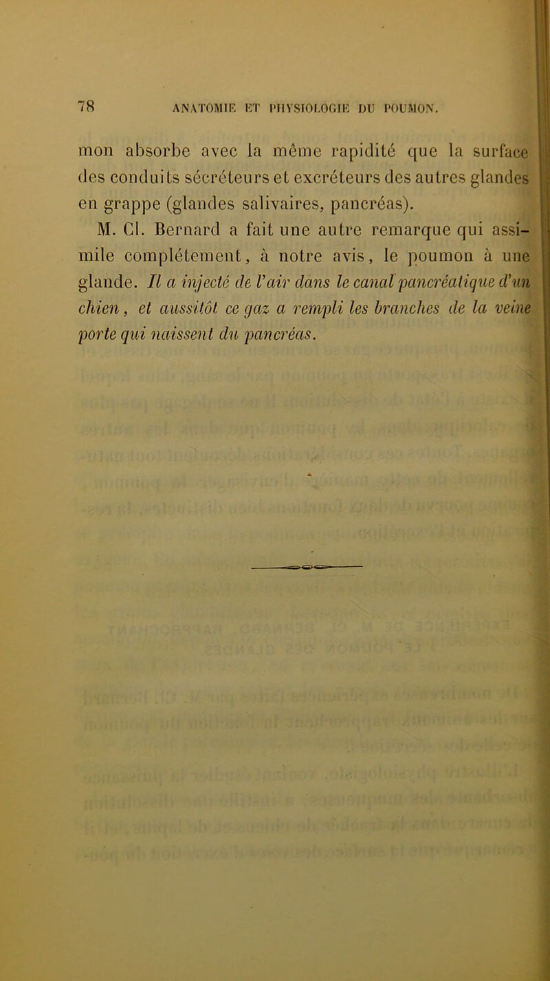 mon absorbe avec la meme rapidité ([ue la surface des conduits sécréteurs et excréteurs des autres glandes en grappe (glandes salivaires, pancréas). M. Cl. Bernard a fait une autre remarque qui assi- mile complètement, à notre avis, le poumon à une glande. Il a injecté de Vair dans le canal pancréatique d’un chien, et aussitôt ce gaz a rempli les branches de la veine porte qui naissent du pancréas.