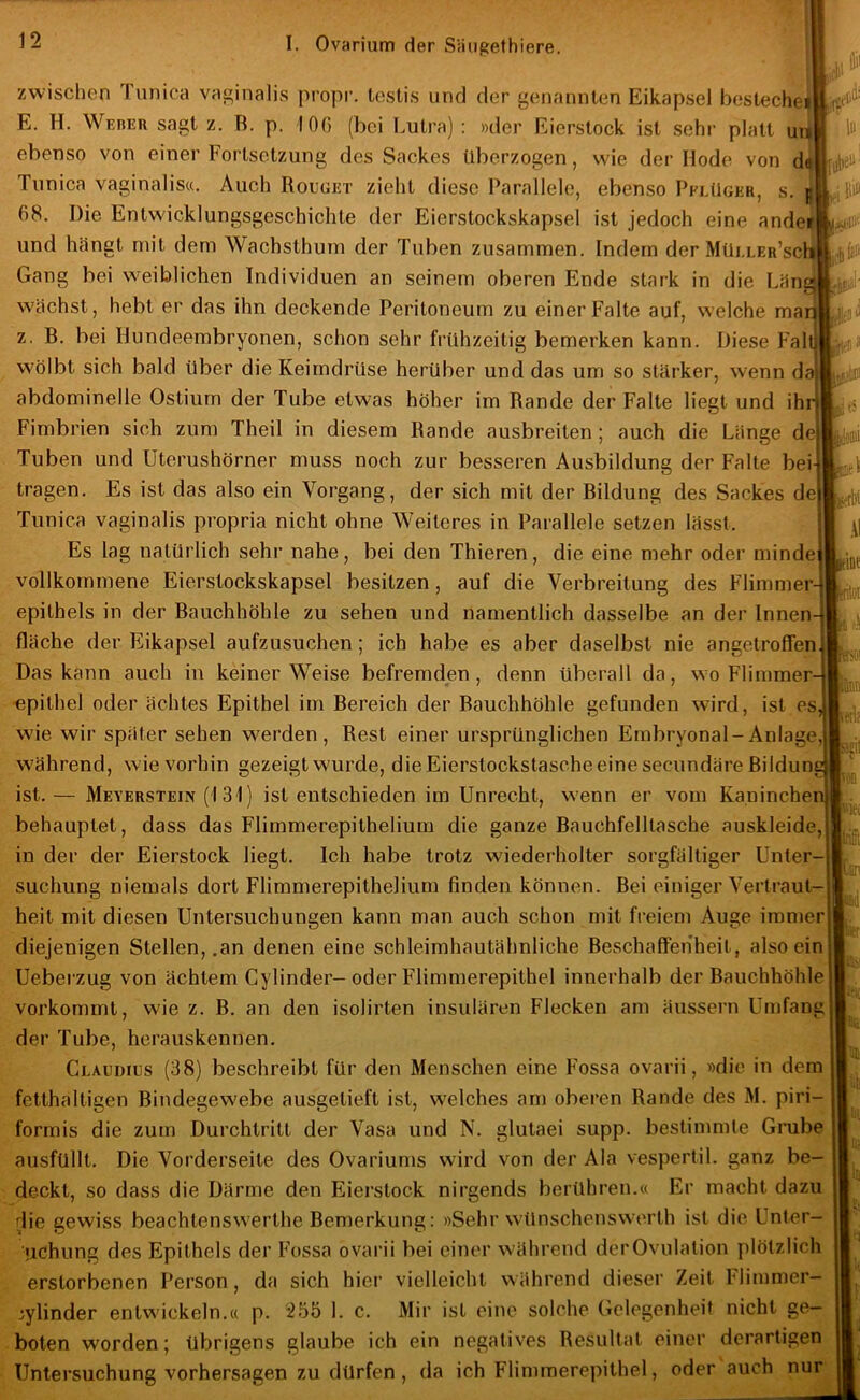 ■P 1(^111: zwischen lunica vaginalis propr. teslis und der genannten Eikapsel besteche! E. II. WEnEu sagt z. B. p. lOG (bei Lutra) : »der Eierstock ist sehr platt un ebenso von einer Fortsetzung des Sackes überzogen, wie der Hode von d^ Tunica vaginalis«. Auch Rouget zieht diese Parallele, ebenso Pflüger, s. p 68. Die Entwicklungsgeschichte der Eierstockskapsel ist jedoch eine ander und hängt mit dem Wachsthum der Tuben zusammen. Indem der Müi.LER’sch Gang bei w^eiblichen Individuen an seinem oberen Ende stark in die Läng W'ächst, hebt er das ihn deckende Peritoneum zu einer Falte auf, w elche mar z. B. bei Hundeembryonen, schon sehr frühzeitig bemerken kann. Diese Fall wölbt sich bald über die Keimdrüse herüber und das um so stärker, wenn da abdominelle Ostiurn der Tube etwas höher im Bande der Falte liegt und ihr Fimbrien sich zum Theil in diesem Bande ausbreiten ; auch die Länge de Tuben und Uterushörner muss noch zur besseren Ausbildung der Falte bei tragen. Es ist das also ein Vorgang, der sich mit der Bildung des Sackes de Tunica vaginalis propria nicht ohne Weiteres in Parallele setzen lässt. Es lag natürlich sehr nahe, bei den Thieren, die eine mehr oder minde vollkommene Eierstockskapsel besitzen, auf die Verbreitung des Flimmer- epithels in der Bauchhöhle zu sehen und namentlich dasselbe an der Innen- fläche der Eikapsel aufzusuchen; ich habe es aber daselbst nie angetroffen Das kann auch in keiner Weise befremden, denn überall da, wo Flimmer •epithel oder ächtes Epithel im Bereich der Bauchhöhle gefunden wird, ist es wie wir später sehen werden. Best einer ursprünglichen Embryonal-Anlage während, wie vorhin gezeigt wurde, die Eierstockstasche eine secundäreBildune ist.— Meyerstein (1 31) ist entschieden im Unrecht, w’enn er vom Kaninchen behauptet, dass das Flimmerepithelium die ganze Bauchfelltasche auskleide, in der der Eierstock liegt. Ich habe trotz wiederholter sorgfältiger Unter- suchung niemals dort Flimmerepithelium finden können. Bei einiger Vertraut- heit mit diesen Untersuchungen kann man auch schon mit freiem Auge immer diejenigen Stellen, .an denen eine schleimhautähnliche Beschaffenheit, also ein Ueberzug von ächtem Cylinder- oder Flimmerepithel innerhalb der Bauchhöhle vorkommt, wie z. B. an den isolirten insulären Flecken am äussern Umfang der Tube, herauskennen. Claudius (38) beschreibt für den Menschen eine Fossa ovarii, »die in dem fetthaltigen Bindegewebe ausgetieft ist, w^elches am oberen Bande des M. piri- formis die zum Durchtritt der Vasa und N. glutaei supp, bestimmte Grube ausfüllt. Die Vorderseite des Ovariums wird von der Ala vespertil. ganz be- deckt, so dass die Därme den Eierstock nirgends berühren.« Er macht dazu die gewiss beachtenswerthe Bemerkung: »Sehr wünschenswTU’th ist die Unter- uchung des Epithels der Fossa ovarii bei einer w'ährend derOvulalion plötzlich erstorbenen Person, da sich hier vielleicht während dieser Zeit Flimmer- Zylinder entwickeln.« p. 255 1. c. Mir ist eine solche Gelegenheit nicht ge- boten worden; übrigens glaube ich ein negatives Besultat einer derartigen Untersuchung Vorhersagen zu dürfen, da ich Flimmerepithel, oder auch nur ‘O .\l Tlöl [Stil
