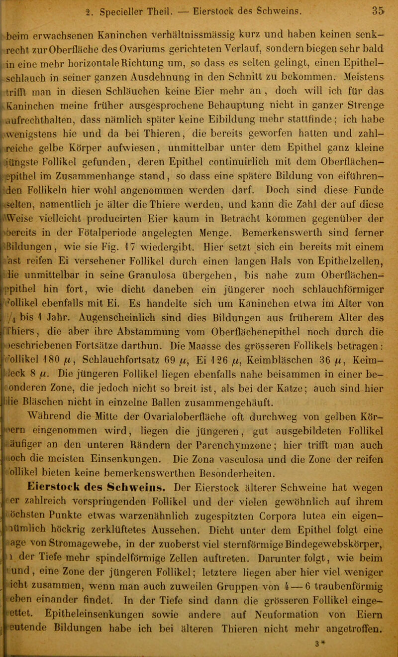 beim erwachsenen Kaninchen verhhltnissmässig kurz und haben keinen senk- recht zurOberfläche des Ovariums gerichteten Verlauf, sondern biegen sehr bald in eine mehr horizontale Richtung um, so dass es selten gelingt, einen Epithel- schlauch in seiner ganzen Ausdehnung in den Schnitt zu bekommen. Meistens trifft man in diesen Schläuchen keine Eier mehr an , doch will ich für das I Kaninchen meine früher ansgesprochene Behauptung nicht in ganzer Strenge > aufrechthalten, dass nämlich später keine Eibildung mehr stattfinde; ich habe .wenigstens hie und da bei Thieren, die bereits geworfen hatten und zahl- I reiche gelbe Körper aufwiesen, unmittelbar unter dem Epithel ganz kleine I jüngste Follikel gefunden, deren Epithel continuirlich mit dem Oberflächen- •spithel im Zusammenhänge stand, so dass eine spätere Bildung von eiführen- ;den Follikeln hier wohl angenommen werden darf. Doch sind diese Funde -selten, namentlich je älter dieThiere werden, und kann die Zahl der auf diese k'Weise vielleicht producirten Eier kaum in Betracht kommen gegenüber der 'bereits in der Fötalperiode angelegten Menge. Bemerkenswerth sind ferner ^Bildungen, wie sie Fig. 17 wiedergibt. Hier setzt ^sich ein bereits mit einem ast reifen Ei versehener Follikel durch einen langen Hals von Epithelzellen, lie unmittelbar in seine Granulöse übergehen, bis nahe zum Oberflächen- ppithel hin fort, wie dicht daneben ein jüngerer noch schlauchförmiger ^llikel ebenfalls mit Ei. Es handelte sich um Kaninchen etwa im Alter von /4 bis 1 Jahr. Augenscheinlich sind dies Bildungen aus früherem Alter des 1 Thiers, die aber ihre Abstammung vom Oberflächenepithel noch durch die )eschriebenen Fortsätze darthun. Die Maasse des grösseren Follikels betragen : 'ollikel 180 Schlauchfortsatz 69 (x, Ei 126 |W, Keimbläschen 36 jU, Keim- Heck 8 (.1. Die jüngeren Follikel liegen ebenfalls nahe beisammen in einer be- :anderen Zone, die jedoch nicht so breit ist, als bei der Katze; auch sind hier l:lie Bläschen nicht in einzelne Ballen zusammengehäuft. Während die Mitte der Ovarialoberfläche oft durchweg von gelben Kör- /oern eingenommen wird, liegen die jüngeren, gut ausgebildeten Follikel äufiger an den unteren Rändern der Parenchymzone; hier trifft man auch noch die meisten Einsenkungen. Die Zona vasculosa und die Zone der reifen ollikel bieten keine bemerkenswerthen Besonderheiten. Eierstock des Schweins. Der Eierstock älterer Schweine hat wegen -• er zahlreich vorspringenden Follikel und der vielen gewöhnlich auf ihrem ' öchsten Punkte etwas warzenähnlich zugespitzten Corpora lutea ein eigen- nümlich höckrig zerklüftetes Aussehen. Dicht unter dem Epithel folgt eine age von Stromagewebe, in der zuoberst viel sternförmige Bindegewebskörper, 1 der Tiefe mehr spindelförmige Zellen auftreten. Darunter folgt, wie beim ’’ und , eine Zone der jüngeren Follikel; letztere liegen aber hier viel weniger icht zusammen, wenn man auch zuweilen Gruppen von 4 — 6 traubenförmig eben einander findet. In der Tiefe sind dann die grösseren Follikel einge- ettet. Epitheleinsenkungen sowie andere auf Neuformation von Eiern eutende Bildungen habe ich bei älteren Thieren nicht mehr angetroffen. 3*