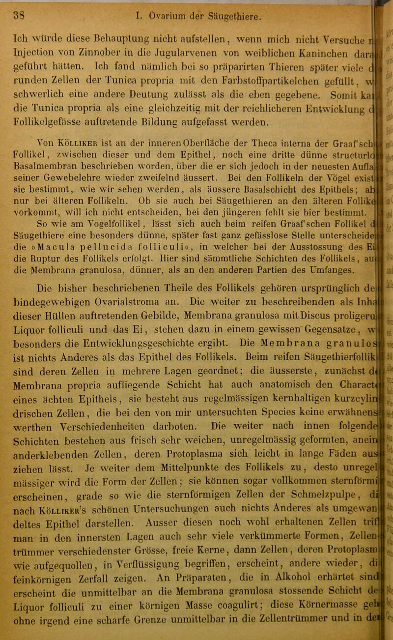 Ich würde diese Behauptung nicht aufslellen, wenn mich nicht Versuche i Injection von Zinnober in die Jugularvenen von weiblichen Kaninchen dar; geführt hätten. Ich fand nämlich bei so präparirten Thieren später viele c runden Zellen der Tunica propria mit den Farbstofipartikelchen gefüllt, schwerlich eine andere Deutung zulässt als die eben gegebene. Somit ka die Tunica propria als eine gleichzeitig mit der reichlicheren Entwicklung c Follikelgefässe auftretende Bildung aufgefasst werden. Von Kölliker ist an der inneren Oberfläche der Theca interna der Graafscb Follikel, zwischen dieser und dem Epithel, noch eine dritte dünne structurlc Basalmembran beschrieben worden, über die er sich jedoch in der neuesten Aufl seiner Gewebelehre wieder zweifelnd äussert. Bei den Follikeln der Vögel exis sie bestimmt, wie wir sehen werden, als äussere Basalschicht des Epithels; a nur bei älteren Follikeln. Ob sie auch bei Säugethieren an den älteren Follik vorkommt, will ich nicht entscheiden, bei den jüngeren fehlt sie hier bestimmt. So wie am Vogelfollikel, lässt sich auch beim reifen Graaf sehen Follikel Säugethiere eine besonders dünne, später fast ganz gefässlose Stelle unterscheide die »Macula pellucida folliculi«, in welcher bei der Ausstossung des Ei die Ruptur des Follikels erfolgt. Hier sind sämmtliche Schichten des Follikels, au| die Membrana granulosa, dünner, als an den anderen Partien des Umfanges. Die bisher beschriebenen Theile des Follikels gehören ursprünglich de| bindegew'ebigen Ovarialstroma an. Die weiter zu beschreibenden als Inhi dieser Hüllen auftretenden Gebilde, Membrana granulosa raitDiscus proligeri Liquor folliculi und das Ei, stehen dazu in einem gewissen Gegensätze, w| besonders die Entwicklungsgeschichte ergibt. Die Membrana granuloi ist nichts Anderes als das Epithel des Follikels. Beim reifen Säugethierfollikjj sind deren Zellen in mehrere Lagen geordnet; die äusserste, zunächst di Membrana propria aufliegende Schicht hat auch anatomisch den Characti eines ächten Epithels, sie besteht aus regelmässigen kernhaltigen kurzcylii drischen Zellen, die bei den von mir untersuchten Species keine erwähnens werthen Verschiedenheiten darboten. Die w'eiter nach innen folgend« c' I «V-’ 115 i 1 I iHü Mst I airt ti?-: f*- Schichten bestehen aus frisch sehr weichen, unregelmässig geformten, aneii anderklebenden Zellen, deren Protoplasma sich leicht in lange Fäden aus ziehen lässt. Je weiter dem Mittelpunkte des Follikels zu, desto unregel massiger wird die Form der Zellen; sie können sogar vollkommen sternförmi erscheinen, grade so wie die sternförmigen Zellen der Schmelzpulpe, dj nach Kölliker’s schönen Untersuchungen auch nichts Anderes als umgewanj deltes Epithel darstellen. Ausser diesen noch wohl erhaltenen Zellen tril man in den innersten Lagen auch sehr viele verkümmerte Formen, Zellenj trümmer verschiedenster Grösse, freie Kerne, dann Zellen, deren Protoplasm wie aufgequollen, in Verflüssigung begriffen, erscheint, andere wieder, di) feinkörnigen Zerfall zeigen. An Präparaten, die in Alkohol erhärtet sin<“ erscheint die unmittelbar an die Membrana granulosa stossende Schicht det| Liquor folliculi zu einer körnigen Masse coagulirt; diese Körnerinasse gel ohne irgend eine scharfe Grenze unmittelbar in die Zellentrümmer und in dei ,?!' iGr-