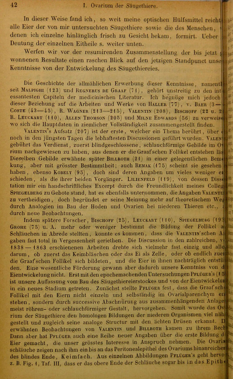 In dieser Weise fand ich, so weit meine optischen Hülfsmittel reicht alle Eier der von mir untersuchten Säugethiere sowie die des Menschen, i denen ich einzelne hinlänglich frisch zu Gesicht bekam, formirt. Ucbei“ Deutung der einzelnen Eitheile s. weiter unten. Werfen wir vor der resumirenden Zusammenstellung der bis jetzt | wonnenen Resultate einen raschen Blick auf den jetzigen Standpunct unse Kenntnisse von der Entwickelung des Säugethiereies, lir' II-' I Die Geschichte der allmählichen Erwerbung dieser Kenntnisse, nainenti seit Malpighi (123) und Regnerus de Graaf (71), gehört unstreitig zu den int) essantesten Capiteln der medicinischen Literatur. Ich begnüge mich jedoch dieser Beziehung auf die Arbeiten und Werke von Haller (77), v. Baer (3—t Coste (43—45), R. Wagner (213—215), Valentin (208), Bischoff (22 u. 2| R, Leuckart (110), Allen Thomson (205) und Milne Edwards (56) zu verweis« wo sich die Hauptdaten in ziemlicher Vollständigkeit zusammengestelll finden. Valentin’s Aufsatz (207) ist der erste, welcher ein Thema berührt, über « noch in den jüngsten Tagen die lebhaftesten Discussionen geführt wurden. Valeni gebührt das Verdienst, zuerst blindgeschlossene, schlauchförmige Gebilde im Ol rium nachgewiesen zu haben, aus denen er die Graaf sehen Follikel entstehen lä^ Dieselben Gebilde erwähnte später Billroth (21) in einer gelegentlichen Bern kung, aber mit grösster Bestimmtheit; auch Remak (17 5) scheint sie gesehen haben, ebenso Kobelt (95), doch sind deren Angaben um vieles weniger ei schieden, als die ihrer beiden Vorgänger. Lilienfeld (119), von dessen Dissi tation mir ein handschriftliches Excerpt durch die Freundlichkeit meines Colles Spiegelberg zu Gebote stand, hat es ebenfalls unternommen, die Angaben Valenti zu vertheidigen , doch begründet er seine Meinung mehr auf theoretischem We durch Analogien im Bau der Hoden und Ovarien bei niederen Thieren etc., durch neue Beobachtungen, Indem spätere Forscher, Bischoff (25), Leuckart (110), Spiegelbehg (19c Grohe (7 5) u. A. mehr oder weniger bestimmt die Bildung der Follikel a Schläuchen in Abrede stellten, konnte es kommen, dass die VALENTiN’schen A gaben fast total in Vergessenheit geriethen. Die Discussion in den zahlreichen, v 1838 — 1863 erschienenen Arbeiten drehte sich vielmehr fast einzig und all« darum, ob zuerst das Keimbläschen oder das Ei als Zelle, oder ob endlich zue; die Graaf sehen Follikel sich bildeten, und die Eier in ihnen nachträglich entstii den. Eine wesentliche Förderung gewann aber dadurch unsere Kenntniss von c Eientwickelung nicht. Erst mit den epochemachenden Untersuchungen Pflüger’s {1 £ ist unsere Auffassung vom Bau des Säugethiereierstockes und von der Eientwickelui in ein neues Stadium getreten. Zunächst stellte Pflüger fest, dass die Graaf sch IV. »ff Follikel mit den Eiern nicht einzeln und selbständig im Ovarialparenchym er tiüii stehen, sondern durch successive Abschnürung aus zusammenhängenden Anlage meist röhren- oder schlauchförmiger Gestalt, hervorgehen. Somit wurde das Ov rium der Säugethiere den homologen Bildungen der niederen Organismen viel näh gestellt und zugleich seine analoge Structur mit den ächten Drüsen erkannt. E erwähnten Beobachtungen von Valentin und Billroth kamen zu ihrem Rec Dann aber hat Pflüger auch eine Reihe neuer Angaben über die erste Bildung d h Eier gemacht, die unser grösstes lnteres.ee in Anspruch nehmen. Die Ovarisl Schläuche zeigen nach ihm ein bis an das Peritonealepithel des Ovariums hinanreiche* des blindes Ende, Keimfach. Aus einzelnen Abbildungen Pflüger’s gehl hervo’ z. B, Fig. t, Taf. HI, dass er das obere Ende der Schläuche sogar bis in das Epitln fiK Ü!B)