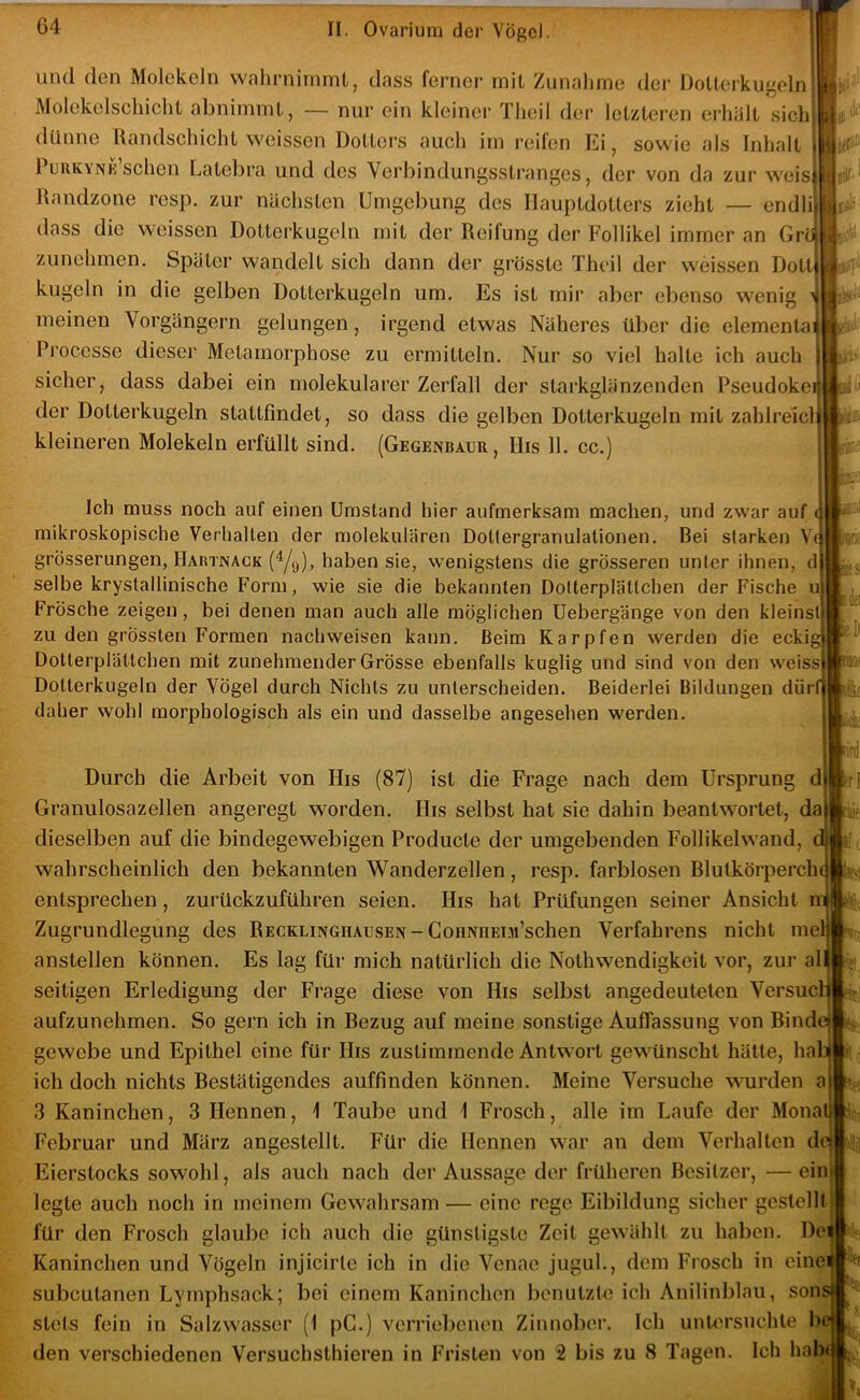 und den Molekeln wnlirnimmt, dass ferner mit Zunahme der DoUerkugeln Molekelschicht abnimmt, — nur ein kleiner Theil der letzteren erhiilt sich dünne Uandschicht weissen Dotters auch im reifen Ei, sowie als Inhalt PuuKYNK sehen Latebra und des Verbindungsstranges, der von da zur weis Randzone resp. zur nächsten Umgebung des Ilauptdotters zieht — endli dass die weissen Dotterkugeln mit der Reifung der Follikel immer an Grö zunehmen. Später wandelt sich dann der grösste Theil der weissen Doll kugeln in die gelben Dotterkugeln um. Es ist mir aber ebenso wenig ' meinen Vorgängern gelungen, irgend etwas Näheres über die elementa Pi’occsse dieser Metamorphose zu ermitteln. Nur so viel halle ich auch sicher, dass dabei ein molekularer Zerfall der slarkglänzenden Pseudokei der Dotterkugeln stattfindet, so dass die gelben Dotterkugeln mit zahlreich kleineren Molekeln erfüllt sind. (Gegenuaur, Ilis 11. cc.) * Hli Ich muss noch auf einen Umstand hier aufmerksam machen, und zwar auf ( mikroskopische Verhalten der molekularen DoUergranulationen. Bei starken V( grösserungen, IIartnack (Y<j)> haben sie, wenigstens die grösseren unter ihnen, d selbe krystallinische Form, wie sie die bekannten Dolterplättchen der Fische u Frösche zeigen , bei denen man auch alle mögliclien Uebergänge von den kleinst zu den grössten Formen nachweisen kann. Beim Karpfen werden die ecki Dolterplättchen mit zunehmender Grösse ebenfalls kuglig und sind von den weiss Dolterkugeln der Vögel durch Nichts zu unterscheiden. Beiderlei Bildungen dürf daher wohl morphologisch als ein und dasselbe angesehen werden. •■’H I*: (ki Durch die Arbeit von His (87) ist die Frage nach dem Ursprung Granulosazellen angeregt worden. His selbst hat sie dahin beantwortet, da dieselben auf die bindegewebigen Producte der umgebenden Follikelwand, wahrscheinlich den bekannten Wanderzellen, resp. farblosen Blulkörperch(| entsprechen, zurückzuführen seien. His hat Prüfungen seiner Ansicht ni Zugrundlegung des Recklinghausen-CoiiNnEDi’schen Verfahrens nicht me anstellen können. Es lag für mich natürlich die Nothwendigkeit vor, zur al Ifiut seitigen Erledigung der Frage diese von His selbst angedeuteten Versuclj indej aufzunehmen. So gern ich in Bezug auf meine sonstige Auflassung von Binde gewebe und Epithel eine für His zustimmende Antwort gewünscht hätte, hal]| ich doch nichts Bestätigendes auffinden können. Meine Versuche wurden a| 3 Kaninchen, 3 Hennen, 1 Taube und 1 Frosch, alle im Laufe der Monat Februar und März angestellt. Für die Hennen war an dem Verhalten de| Eierslocks sowohl, als auch nach der Aussage der früheren Besitzer, —eini legte auch noch in meinem Gewahrsam — eine rege Eibildung sicher gestellt für den Frosch glaube ich auch die günstigste Zeit gewählt zu haben. Del Kaninchen und Vögeln injicirle ich in die Venae jugul., dem Frosch in cine^ subcutanen Lymphsack; bei einem Kaninchen benutzte ich Anilinblau, sons stets fein in Salzwasser (I pC.) verriebenen Zinnolier. Ich unUM’suchle ho den verschiedenen Versuchsthieren in Fristen von 2 bis zu 8 Tagen. Ich halx^.