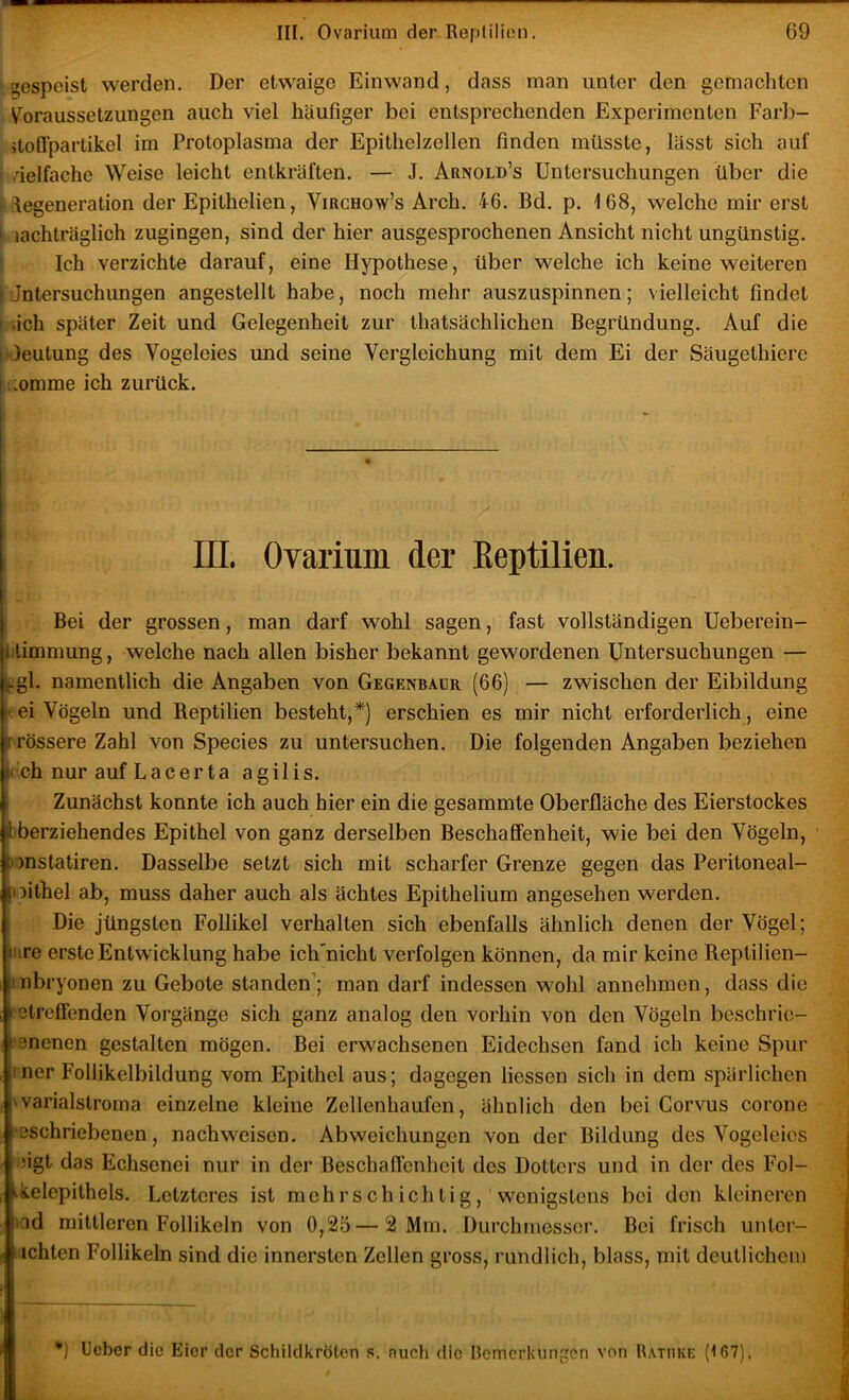 gespeist werden. Der etwaige Einwand, dass man unter den gemachten Voraussetzungen auch viel häufiger bei entsprechenden Experimenten Farb- jtoffpartikel im Protoplasma der Epithelzellen finden müsste, lässt sich auf ^ vielfache Weise leicht entkräften. — J. Arnold’s Untersuchungen über die h Degeneration der Epithelien, Virchow’s Arch. 46. Bd. p. 168, welche mir erst ' lachträglich zugingen, sind der hier ausgesprochenen Ansicht nicht ungünstig. Ich verzichte darauf, eine Hypothese, über welche ich keine weiteren I Jntersuchungen angestellt habe, noch mehr auszuspinnen; vielleicht findet r ;ich später Zeit und Gelegenheit zur thatsächlichen Begründung. Auf die i )eutung des Vogeleies und seine Vergleichung mit dem Ei der Säugethiere I i.omme ich zurück. III. Ovarium der Eeptilien. Bei der grossen, man darf wohl sagen, fast vollständigen Ueberein- Mimmung, welche nach allen bisher bekannt gewordenen Untersuchungen — ^gl. namentlich die Angaben von Gegenbaur (66) — zwischen der Eibildung ' ei Vögeln und Reptilien besteht,*) erschien es mir nicht erforderlich, eine rrössere Zahl von Species zu untersuchen. Die folgenden Angaben beziehen K ch nur auf Lacer ta agilis. Zunächst konnte ich auch hier ein die gesammte Oberfläche des Eierstockes )berziehendes Epithel von ganz derselben Beschaffenheit, wie bei den Vögeln, ))nstatiren. Dasselbe setzt sich mit scharfer Grenze gegen das Peritoneal- lnithel ab, muss daher auch als ächtes Epithelium angesehen werden. Die jüngsten Follikel verhalten sich ebenfalls ähnlich denen der Vögel; Iure erste Entwicklung habe ich'nicht verfolgen können, da mir keine Reptilien- inbryonen zu Gebote standen’; man darf indessen wohl annehmen, dass die etreffenden Vorgänge sich ganz analog den vorhin von den Vögeln beschrie- ‘0nenen gestalten mögen. Bei erwachsenen Eidechsen fand ich keine Spur iner Follikelbildung vom Epithel aus; dagegen Hessen sich in dem spärlichen warialstroma einzelne kleine Zellenhaufen, ähnlich den bei Gorvus corone ■3schriebenen, nachweisen. Abweichungen von der Bildung des Vogelcios ;igt das Echsenei nur in der Beschaffenheit des Dotters und in der des Fol- ^telepithels. Letzteres ist mehrschichtig, wenigstens bei den kleineren lad mittleren Follikeln von 0,25 — 2 Mm. Durchmesser. Bei frisch unter- iichten Follikeln sind die innersten Zellen gross, rundlich, blass, mit deutlichem  *) Ueber die Eier der Schildkröten s. nuch die Remerkungen von Ratuke (167).