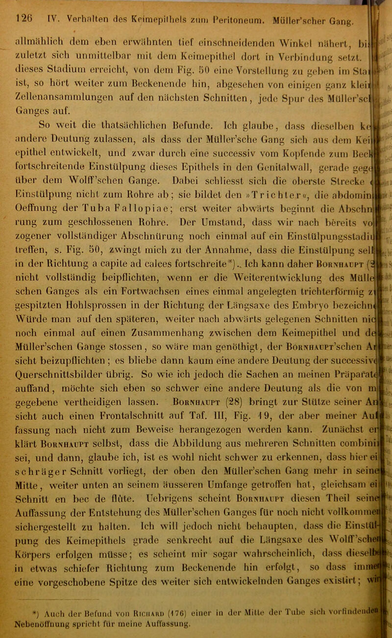 allmählich dem eben erwMhnten tief ein.schneidenclen Winkel nühert, bit zuletzt sich unmittelbar mit dem Keimepithel dort in Verbindung setzt, dieses Stadium erreicht, von dem Fig. 60 eine Vorstellung zu geben im Stai ist, so hört weiter zum Beckenende hin, abgesehen von einigen ganz kleii Zellenansammlungcn auf den niichsten Schnitten, jede Spur des Müller’sc^ Ganges auf. So weit die thatsächlichen Befunde. Ich glaube, dass dieselben k<v andere Deutung zulassen, als dass der MUller’sche Gang sich aus dem Keij epithel entwickelt, und zwar durch eine successiv vom Kopfende zum Beck tortschreitende Einstülpung dieses Epithels in den Genitalwall, gerade geg(* über dem Wolff'sehen Gange. Dabei schliesst sich die oberste Strecke < Einstülpung nicht zum Rohre ab; sie bildet den »Trichter«, die abdominj Oeffnung der Tuba Fallopiae; erst weiter abwörts beginnt die Abschn rung zum geschlossenen Rohre. Der Umstand, dass wir nach bereits vo' zogener vollständiger Abschnürung noch einmal auf ein Einstülpungsstadiu treffen, s. Fig. 50, zwingt mich zu der Annahme, dass die Einstülpung seil; in der Richtung a capite ad calces fortschreite*).. Ich kann daher Bornhaüpt (2 nicht vollständig beipflichten, wenn er die Weiterentwicklung des Mülle sehen Ganges als ein Fortwachsen eines einmal angelegten trichterförmig zt gespitzten Hohlsprossen in der Richtung der Längsaxe des Embryo bezeichnt Würde man auf den späteren, weiter nach abwärts gelegenen Schnitten nie noch einmal auf einen Zusammenhang zwischen dem Keimepithel und de Müller’schen Gange stossen, so wäre man genöthigt, der BoRNHAüPx’schen Ai sicht beizupflichlen ; es bliebe dann kaum eine andere Deutung der successiv< Querschnittsbilder übrig. So wie ich jedoch die Sachen an meinen Präpafaü auffand, möchte sich eben so schwer eine andere Deutung als die von m gegebene vertheidigen lassen. Bornhaupt (28) bringt zur Stütze seiner A sicht auch einen Frontalschnitt auf Taf. III, Fig. \ 9, der aber meiner Au fassung nach nicht zum Beweise herangezogen werden kann. Zunächst ed klärt Bornhaupt selbst, dass die Abbildung aus mehreren Schnitten combinii sei, und dann, glaube ich, ist es wohl nicht schwer zu erkennen, dass hier ei schräge r Schnitt vorliegt, der oben den Müller’schen Gang mehr inseine Mitte, weiter unten an seinem äusseren Umfange getroffen hat, gleichsam eil Schnitt en bec de Hüte. Uebrigens scheint Bornhaupt diesen Theil seine| Auffassung der Entstehung des Müller’schen Ganges für noch nicht vollkommei sichergestellt zu halten. Ich will jedoch nicht behaupten, dass die Einstül- pung des Keimepithels grade senkrecht auf die Längsaxe des Wolff’schei Körpers erfolgen müsse; es scheint mir sogar wahrscheinlich, dass diesel in etwas schiefer Richtung zum Beckenende hin erfolgt, so dass imr eine vorgeschobene Spitze des weiter sich entwickelnden Ganges existirl; v i :.J\ m' itti *) Auch der Befund von Riciiahd (176) einer in der Mille der Tube sich vorfindendeaj Nebenöffnung spricht für meine Auffassung.