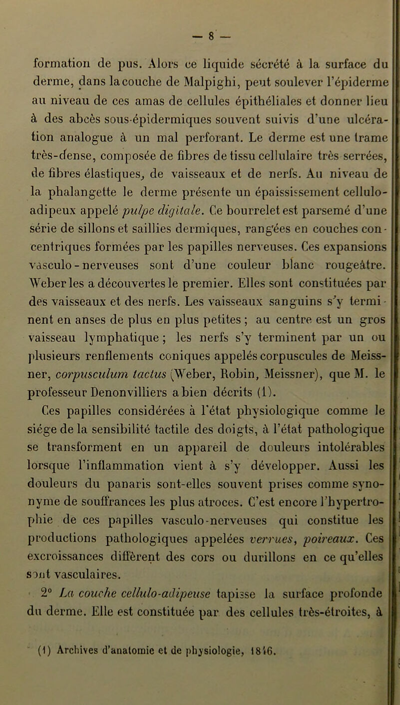 formation de pus. Alors ce liquide sécrété à la surface du derme, dans la couche de Malpighi, peut soulever l’épiderme au niveau de ces amas de cellules épithéliales et donner lieu à des abcès sous-épidermiques souvent suivis d’une ulcéra- tion analogue à un mal perforant. Le derme est une trame très-dense, composée de fibres de tissu cellulaire très serrées, de fibres élastiques^ de vaisseaux et de nerfs. Au niveau de la phalangette le derme présente un épaississement cellulo- adipeux appelé ][mlpe digitale. Ce bourrelet est parsemé d’une série de sillons et saillies dermiques, rangées en couches con- centriques formées par les papilles nerveuses. Ces expansions vdsculo - nerveuses sont d’une couleur blanc rougeâtre. Weber les a découvertes le premier. Elles sont constituées par des vaisseaux et des nerfs. Les vaisseaux sanguins s^y termi- nent en anses de plus en plus petites ; au centre est un gros vaisseau lymphatique ; les nerfs s’y terminent par un ou plusieurs renflements coniques appelés corpuscules de Meiss- ner, corpusculum tactus (Weber, Robin, Meissner), que M. le professeur Denonvilliers a bien décrits (1). Ces papilles considérées à Fétat physiologique comme le siège delà sensibilité tactile des doigts, à l’état pathologique se transforment en un appareil de douleurs intolérables lorsque l’inflammation vient à s’y développer. Aussi les douleurs du panaris sont-elles souvent prises comme syno- nyme de souffrances les plus atroces. C’est encore l’hypertro- phie de ces papilles vasculo-nerveuses qui constitue les productions pathologiques appelées verrues^ poireaux. Ces excroissances diffèrent des cors ou durillons en ce qu’elles sont vasculaires. 2° La couche cellulo-adipeuse tapisse la surface profonde du derme. Elle est constituée par des cellules très-étroites, à (1) Archives d’anatomie et de physiologie, 18V6.