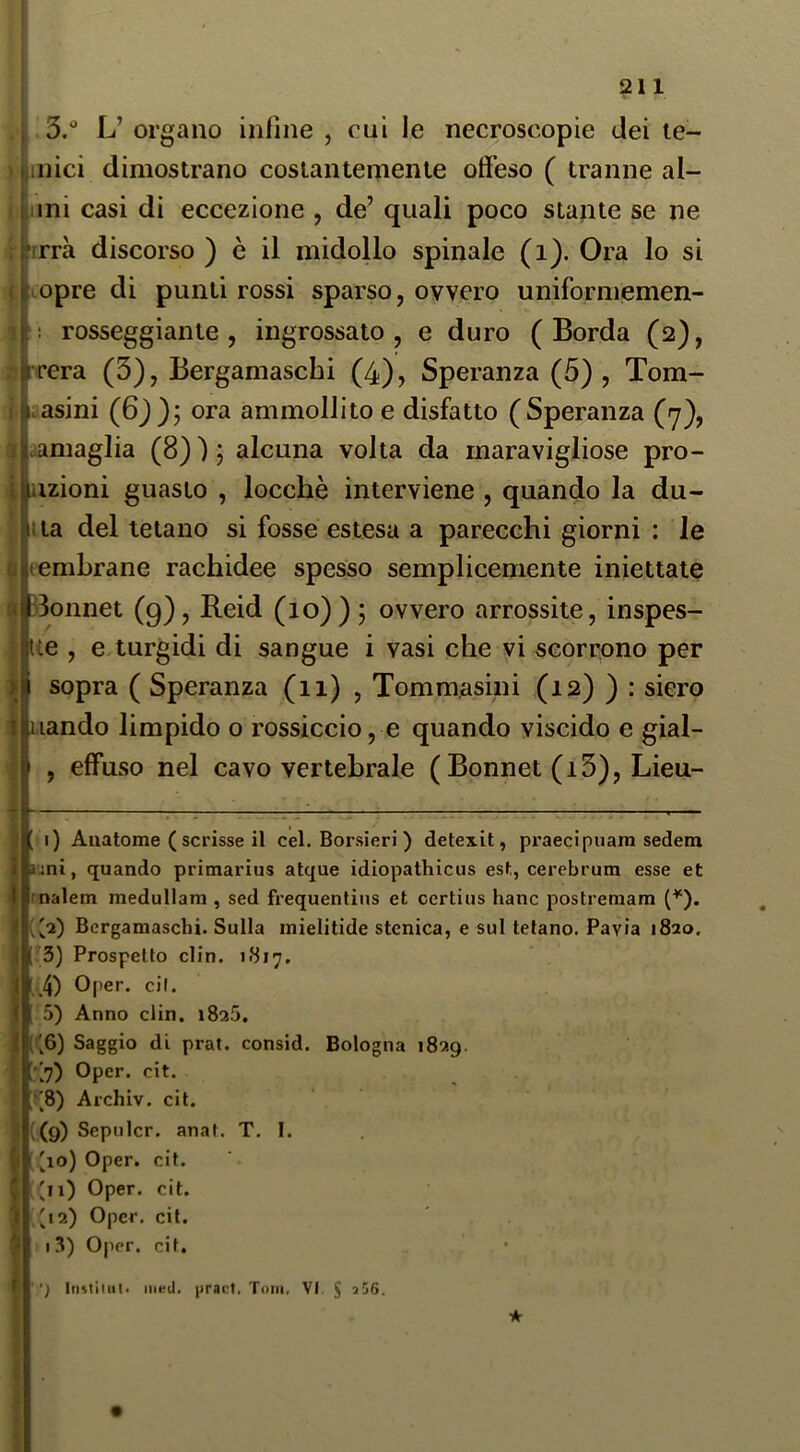 j i f f 1 1 l r f j 5.' L’ organo infine , cui le necroscopie dei te- iinici dimostrano costantemente offeso ( tranne al- imi casi di eccezione , de’ quali poco stante se ne rrrà discorso ) è il midollo spinale (i). Ora lo si lopre di punti rossi sparso, ovvero uniformemen- 1 rosseggiante, ingrossato, e duro (Borda (2), I rera (5), Bergamaschi (4), Speranza (5) , Tom- ; asini (6j); ora ammollito e disfatto (Speranza (y), ramaglia (8)); alcuna volta da maravigliose pro- ìizioni guasto , locchè interviene , quando la du- na del tetano si fosse estesa a parecchi giorni : le tembrane rachidee spesso semplicemente iniettate Bonnet (9), Reid (10)); ovvero arrossite, inspes- ue , enurgidi di sangue i vasi che vi scorrono per sopra ( Speranza (11) , Tommasini (12) ) : siero uando limpido o rossiccio, e quando viscido e gial- , effuso nel cavo vertebrale ( Bonnet (i5), Lieu- \ 1) Auatome ( scrisse il cel. Borsieri ) detexit, praecipuara sedenti i::ni, quando primarius atque idiopathicus est, cerebrum esse et rnalem medullani, sed frequentins et certiiis hanc postreniam (^). ('2) Bergamaschi. Sulla mielitide stcnica, e sul tetano. Pavia 1820. [^3) Prospetto din. 1817. ^ 4) Oper. cil. 5) Anno din. 1825, ('6) Saggio di prat. consid. Bologna 1829. ;'7) Oper. cit. ;'8) Archiv. cit. ((9) Sepulcr. anat. T. I. ('io) Oper. cit. Oper. cit. 92) Oper, cit. I 3) Oper. cit. ■ '') Instiiiit. iiied. (irart. Toni, VI. J i56.