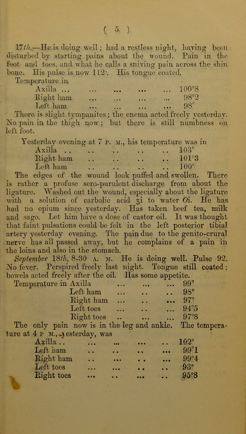 17///,,—He is doin;g well; had a restless nighty haying been disturbed by starting pains about tho wound. Pain in the foot and toes, and what he calls a sniving pain across the shin bone. His pulse is now 11,2'. His tongue coated. Temperature in ' ' Axilla ... ... ... 100°8 Right ham ... ... ... ... 98°2 Left ham ... ... ... ... 98° There is slight tympanites.; the enema acted freely yesterday. No pain in the thigh now; but there is still numbness oil left foot. Yesterday evening at 7 p. ix., his temperature was in Axilla . . .. .. .. .. 103° Right ham .. . . .. .. 101°3 Left ham .. .. .. .. 100° The edges of the wound look puffed and swollen. There is rather a profuse serorpurulent discharge from about the ligature. Washed out the wound, especially about the ligature with a solution of carbolic acid 3i to water Oi. He has had no opium since yesterday. Has taken beef tea, milk and sago. Let him have a dose of castor oil. It was thought that faint pulsations could be felt in the left posterior tibia! artery yesterday evening. The pain due to the genito-crural nerve has all passed away, but he complains of a pain in the loins and also in the stomach. September 18//x, 8-r30 a. m. He is doing well. Pulse 92. No fever. Perspired freely last night. Tongue still coated ; bowels acted freely after the oil. Has some appetite. Temperature in Axilla ... 99*? Left ham 98° Right ham ... .. ... 97'? Left toes 94°5 Right toes 97°8 The only pain now is in the leg and ankle. The tempera- lure at 4 p M.j^jesterday, was ^^^illa.. ... V t # •. 102° licft nam .. .. ••• 99°1 Right ham .. ... .. ... 99?4 Xjcft toes ... ... .. 93? Right toes ... .. «.• .. ■95°8