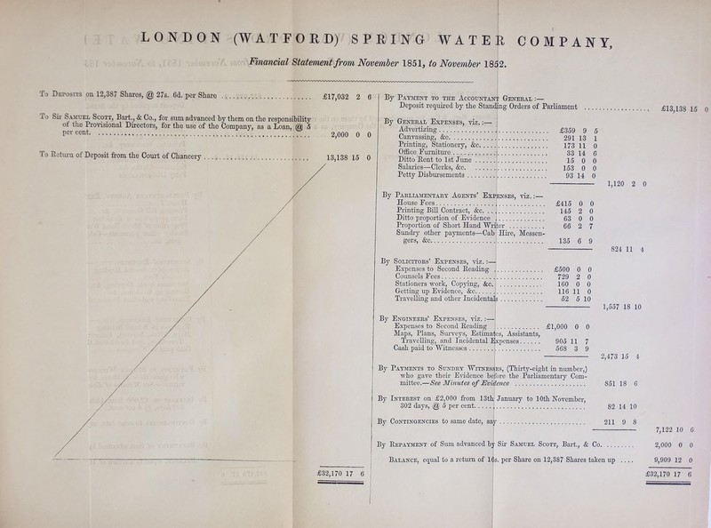 LONDON (WATFORD) SPRING WATER COMPANY, Financial Statement from November 1851, to November 1852. To Deposits on 12,387 Shares, @ 27s. 6d, per Shoi’e £17,032 2 6 To Sir Samuel Scott, Bart., & Co., for sum advanced by them on the responsibility of the Provisional Directors, for the use of the Company, as a Loan, @ 5 2,000 0 0 To Rehun of Deposit from the Court of Chanceiy 13,138 15 0 By Payment to the Accountant General :— Deposit required by the Standing Orders of Parliament £13,138 15 0 By General Expenses, viz.;—■ ; Advertizing ' J359 9 5 Canvassing, &c ^ 291 13 1 Printing, Stationery, &c 173 11 0 Office Furniture j 33 14 6 Ditto Rent to 1st dime ; 15 0 0 Salaries—Clerks, &c 153 0 0 Petty Disbursements 93 14 0 1,120 2 0 By Parliamentary Agents’ Expenses, viz.:— House Fees £415 0 0 Printing BUI Contract, &c 145 2 0 Ditto proportion of Evidence , 63 0 0 Proportion of Short Hand Writer 66 2 7 Sundry other payments—Cab Hue, Messen- gers, &c 135 6 9 824 11 4 By Solicitors’ Expenses, viz.:— Expenses to Second Reading £500 0 0 Counsels Fees 729 2 0 Stationers work, Copying, &c 160 0 0 Getting up Evidence, &c 116 11 0 Travelling and other Incidentals 52 5 10 1,557 18 10 By Engineers’ Expenses, viz. ;—' Expenses to Second Reading 1 £1,000 0 0 Maps, Plans, Sm-veys, Estimates, Assistants, Travelling, and Incidental Expenses 905 11 7 Cash paid to Witnesses 568 3 9 By Payments to Sundry Witnesses, (Thirty-eight in number,) ■who gave their Evidence before the Parliamentary Com- mittee.—See Minutes of Evidence By Interest on £2,000 from 13th January to 10th November, 302 days, @ 5 per cent By Contingencies to same date, 2,473 15 4 851 18 6 82 14 10 211 9 8 By Repayment of Sum advanced by Sir Samuel Scott, Bart., & Co Balance, equal to a return of l^s. per Share on 12,387 Shares taken up .... 7,122 10 6 2,000 0 0 9,909 12 0