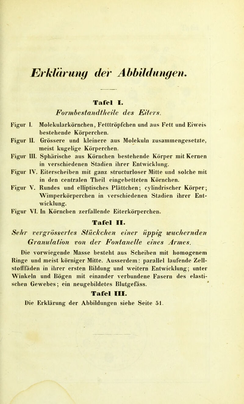 Erklärung der Abbildungen Tafel I. Forrnbestaiidtheüe des Eiters. Figur I. Molekularkörnchen, Fetttröpfchen und aus Fett und Eiweis bestehende Körperchen. Figur II. Grössere und kleinere aus Molekuln zusammengesetzte, meist kugelige Körperchen. Figur III. Sphärische aus Körnchen bestehende Körper mit Kernen in verschiedenen Stadien ihrer Entwicklung. Figur IV. Eiterscheiben mit ganz structurloser Mitte und solche mit in den centralen Tlieil eingebetteten Körnchen. Figur V. Rundes und elliptisches Plättchen; cylindrischer Körper; Wimperkörperchen in verschiedenen Stadien ihrer Ent- wicklung. Figur VI. In Körnchen zerfallende Eiterkörperchen. Tafel II. Sehr vergrössertes Stückchen einer üppig wuchernden Granulation von der Fontanelle eines Annes. Die vorwiegende Masse besteht aus Scheiben mit homogenem Ringe und meist körniger Mitte. Ausserdem: parallel laufende Zell- stofffaden in ihrer ersten Bildung und weitern Entwicklung; unter Winkeln und Bögen mit einander verbundene Fasern des elasti- schen Gewebes; ein neugebildetes Blutgefäss. Tafel III. Die Erklärung der Abbildungen siehe Seite 51.