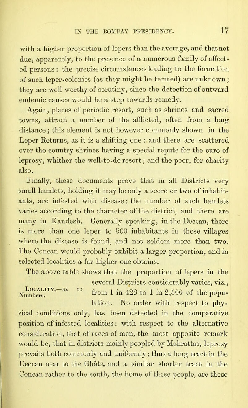 with a higher proportiou of lepers than the average, and thatnot due, apparently, to the presence of a numerous family of affect- ed persons : the precise circumstances leading to the formation of such leper-colonies (as they might be termed) are unknown; they arc well worthy of scrutiny, since the detection of outward endemic causes would be a step towards remedy. Again, places of periodic resort, such as shrines and sacred towns, attract a number of the afflicted, often from a long distance; this element is not however commonly shown in the Leper Returns, as it is a shifting one : and there are scattered over the country shrines having a special repute for the cure of leprosy, whither the well-to-do resort; and the poor, for charity also. Finally, these documents prove that in all Districts very small hamlets, holding it may be only a score or two of inhabit- ants, are infested with disease; the number of such hamlets varies according to the character of the district, and there are many in Kandesh. Generally speaking, in the Deccan, there is more than one leper to 500 inhabitants in those villages where the disease is found, and not seldom more than two. The Concan would probably exhibit a larger proportion, and in selected localities a far higher one obtains. The above table shows that the proportion of lepers in the several Districts considerably varies, viz., from 1 in 428 to 1 in 2,500 of the popu- lation. No order with respect to phy- sical conditions only, has been detected in the comparative position of infested localities: with respect to the alternative consideration, that of races of men, the most apposite remark would be, that in districts mainly peopled by Mahrattas, leprosy prevails both commonly and uniformly; thus a long tract in the Deccan near to the Ghats, and a similar shorter tract in the Concan rather to the south, the home of these people, are those Locality,—as Numbers. to