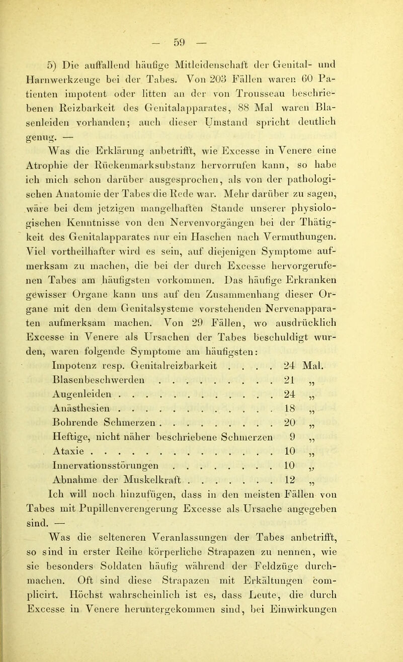 5) Die auffallend häutige Mitleidenschaft der Genital- und Harnwerkzeuge bei der Tabes. Von 203 Fällen waren 60 Pa- tienten impotent oder litten an der von Trousseau beschrie- benen Reizbarkeit des Genitalapparates, 88 Mal waren Bla- senleiden vorhanden; auch dieser Umstand spricht deutlich genug. — Was die Erklärung anbetrift't, wie Excesse in Venere eine Atrophie der Rückenmarksubstanz hervorrufen kann, so habe ich mich schon darüber ausgesprochen, als von der pathologi- schen Anatomie der Tabes die Rede war. Mehr darüber zu sagen, wäre bei dem jetzigen mangelhaften Stande unserer physiolo- gischen Kenntnisse von den Nerven Vorgängen bei der Thätig- keit des Genitalapparates nur ein Haschen nach Vermuthungen. Viel vortheilhafter wird es sein, auf diejenigen Symptome auf- merksam zu machen, die bei der durch Excesse hervorgerufe- nen Tabes am häufigsten Vorkommen. Das häutige Erkranken gewisser Organe kann uns auf den Zusammenhang dieser Or- gane mit den dem Genitalsysteme vorstehenden Nervenappara- ten aufmerksam machen. Von 29 Fällen, wo ausdrücklich Excesse in Venere als Ursachen der Tabes beschuldigt wur- den, waren folgende Symptome am häufigsten: Impotenz resp. Genitalreizbarkeit .... 24 Mal. Blascnbesclnverden 21 „ Augenleiden 24 „ Anästhesien 18 „ Bohrende Schmerzen 20 „ Heftige, nicht näher beschriebene Schmerzen 9 „ Ataxie 10 „ Innervationsstörungen 10 „ Abnahme der Muskelkraft 12 „ Ich will noch hinzufügen, dass in den meisten Fällen von Tabes mit Pupillenverengerung Excesse als Ursache angegeben sind. — Was die selteneren Veranlassungen der Tabes anbetrifft, so sind in erster Reihe körperliche Strapazen zu nennen, wie sie besonders Soldaten häufig während der Feldzüge durch- machen. Oft sind diese Strapazen mit Erkältungen com- plicirt. Höchst wahrscheinlich ist es, dass Leute, die durch Excesse in Venere heruntergekommen sind, bei Einwirkungen