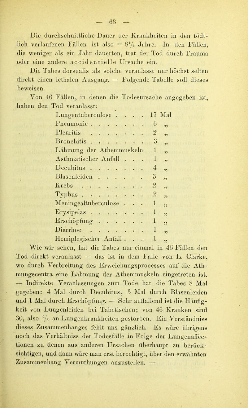 Die durchschnittliche Dauer der Krankheiten in den tödt- lich verlaufenen Fällen ist also = 8'/4 Jahre. In den Fällen, die weniger als ein Jahr dauerten, trat der Tod durch Trauma oder eine andere accidentielle Ursache ein. Die Tabes dorsualis als solche veranlasst nur höchst selten direkt einen lethalen Ausgang. — Folgende Tabelle soll dieses beweisen. Von 46 Fällen, in denen die Todesursache angegeben ist, haben den Tod veranlasst: Lungentuberculose .... 17 Mal Pneumonie 6 ,, Pleuritis 2 ,, Bronchitis 3 „ Lähmung der Athemmuskeln 1 „ Asthmatischer Anfall ... 1 „ Decubitus 4 „ Blasenleiden 3 „ Krebs 2 „ Typhus 2 „ Meningealtuberculose ... 1 „ Erysipelas 1 „ Erschöpfung 1 „ Diarrhoe 1 ,, Hemiplegischer Anfall ... 1 „ Wie wir sehen, hat die Tabes nur einmal in 46 Fällen den Tod direkt veranlasst — das ist in dem Falle von L. Clarke, wo durch Verbreitung des Erweichungsprocesses auf die Ath- mungscentra eine Lähmung der Athemmuskeln eingetreten ist. — Indirekte Veranlassungen zum Tode hat die Tabes 8 Mal gegeben: 4 Mal durch Decubitus, 3 Mal durch Blasenleiden und 1 Mal durch Erschöpfung. — Sehr auffallend ist die Häufig- keit von Lungenleiden bei Tabetischen; von 46 Kranken sind 30, also % an Lungenkrankheiten gestorben. Ein Verständniss dieses Zusammenhanges fehlt uns gänzlich. Es wäre übrigens noch das Verhältniss der Todesfälle in Folge der Lungenaffec- tionen zu denen aus anderen Ursachen überhaupt zu berück- sichtigen, und dann wäre man erst berechtigt, über den erwähnten Zusammenhang Vermuthungen anzustellen. —