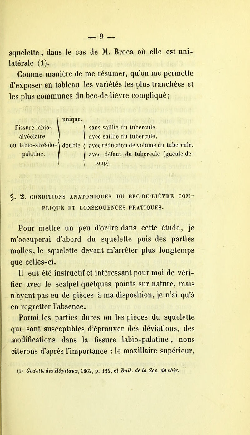 squelette, dans le cas de M. Broca où elle est uni- latérale (1). Comme manière de me résumer, qu’on me permette d’exposer en tableau les variétés les plus tranchées et les plus communes du bec-de-lièvre compliqué; Fissure labio- alvéolaire ou labio-alvéolo palatine. unique. Isans saillie du tubercule, avec saillie du tubercule, avec réduction de volume du tubercule, avec défaut du tubercule (gueule-de- \ loup). §. 2. CONDITIONS ANATOMIQUES DU BEC-DE-LIÈVRE COM- PLIQUÉ ET CONSÉQUENCES PRATIQUES. Pour mettre un peu d’ordre dans cette étude, je m’occuperai d’abord du squelette puis des parties molles, le squelette devant m’arrêter plus longtemps que celles-ci. Il eut été instructif et intéressant pour moi de véri- fier avec le scalpel quelques points sur nature, mais n’ayant pas eu de pièces à ma disposition, je n’ai qu’à en regretter l’absence. Parmi les parties dures ou les pièces du squelette qui sont susceptibles d’éprouver des déviations, des modifications dans la fissure labio-palatine, nous citerons d’après l’importance : le maxillaire supérieur, (t) Gazette des Hôpitaux, 1862, p. 125, et Bull, de la Soc. de chir.