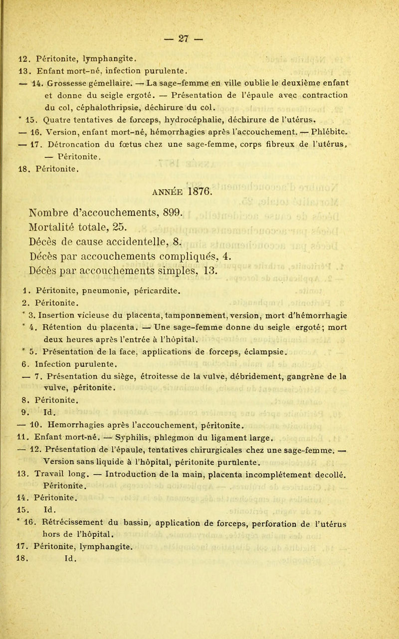 12. Péritonite, lymphangite. 13. Enfant mort-né. infection purulente. — 14. Grossesse gémellaire. — La sage-femme en ville oublie le deuxième enfant et donne du seigle ergoté. — Présentation de l’épaule avec contraction du col, céphalothripsie, déchirure du col. * 15. Quatre tentatives de forceps, hydrocéphalie, déchirure de l’utérus. — 16. Version, enfant mort-né, hémorrhagies après l’accouchement. — Phlébite. — 17. Détroncation du fœtus chez une sage-femme, corps fibreux de l’utérus, — Péritonite. 18. Péritonite. ANNÉE 1876. Nombre d’accouchements, 899. Mortalité totale, 25. Décès de cause accidentelle, 8. Décès par accouchements compliqués, 4. Décès par accouchements simples, 13. 1. Péritonite, pneumonie, péricardite. 2. Péritonite. * 3. Insertion vicieuse du placenta, tamponnement, version, mort d’hémorrhagie * 4. Rétention du placenta. — Une sage-femme donne du seigle ergoté; mort deux heures après l’entrée à l’hôpital. * 5. Présentation de la face, applications de forceps, éclampsie. 6. Infection purulente. — 7. Présentation du siège, étroitesse de la vulve, débridement, gangrène de la vulve, péritonite. 8. Péritonite. 9. Id. — 10. Hémorrhagies après l’accouchement, péritonite. 11. Enfant mort-né. — Syphilis, phlegmon du ligament large, — 12. Présentation de l’épaule, tentatives chirurgicales chez une sage-femme. — Version sans liquide à l’hôpital, péritonite purulente. 13. Travail long. — Introduction de la main, placenta incomplètement décollé. Péritonite. 14. Péritonite. 15. Id. 16. Rétrécissement du bassin, application de forceps, perforation de l’utérus hors de l’hôpital. 17. Péritonite, lymphangite. 18. Id.