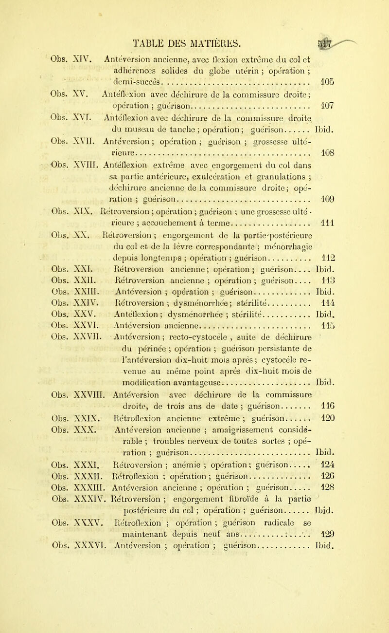Obs. XIV. Antéversion ancienne, avec flexion extrême du col et adhérences solides du globe utérin ; opération ; demi-succès 105 Obs. XV. Antéflexion avec déchirure de la commissure droite; opération ; guérison 107 Obs. X\J. Antéflexion avec déchirure de la commissure droite du museau de tanche ; opération ; guérison Ibid. Obs. XVII. Antéversion ; opération ; guérison ; grossesse ulté- rieure 108 Obs. XVIII. Antéflexion extrême avec engorgement du col dans sa partie antérieure, exulcération et granulations ; déchirure ancienne de Ja commissure droite; opé- ration ; guérison 109 Obs. XIX. Rétroversion ; opération ; guérison ; une grossesse ulté • rieure ; accouchement à terme 111 Obs. XX. Rétroversion ; engorgement de la partie-postérieure du col et de Ja lèvre correspondante ; ménorrhagie depuis longtemps ; opération ; guérison 112 Obs. XXI. Rétroversion ancienne; opération; guérison.... Ibid. Obs. XXII. Rétroversion ancienne; opération; guérison.... 113 Obs. XXIII. Antéversion ; opération ; guérison Ibid. Obs. XXIV7. Rétroversion; dysménorrhée; stérilité 114 Obs. XXV. Antéflexion; dysménorrhée ; stérilité Ibid. Obs. XXVI. Antéversion ancienne 115 Obs. XXVII. Antéversion; recto-cystocéle , suite de déchirure du périnée ; opération ; guérison persistante de l’antéversion dix-huit mois après ; cystocéle re- venue au même point après dix-huit mois de moclitication avantageuse Ibid. Obs. XXVIII. Antéversion avec déchirure de la commissure droite, de trois ans de date ; guérison 110 Obs. XXIX. Rétroflexion ancienne extrême ; guérison 120 Obs. XXX. Antéversion ancienne ; amaigrissement considé- rable ; troubles nerveux de toutes sortes ; opé- ration ; guérison Ibid. Obs. XXXI. Rétroversion; anémie; opération; guérison 124 Obs. XXXII. Rétroflexion ; opération; guérison 120 Obs. XXXIII. Antéversion ancienne ; opération ; guérison 128 Obs. XXXIV7. Rétroversion ; engorgement tibroïde à la partie postérieure du col ; opération; guérison Ibid. Obs. XXXV. Rétroflexion ; opération ; guérison radicale se maintenant depuis neuf ans :..... 129 Obs. XXXV7!. Antéversion ; opération ; guérison Ibid.