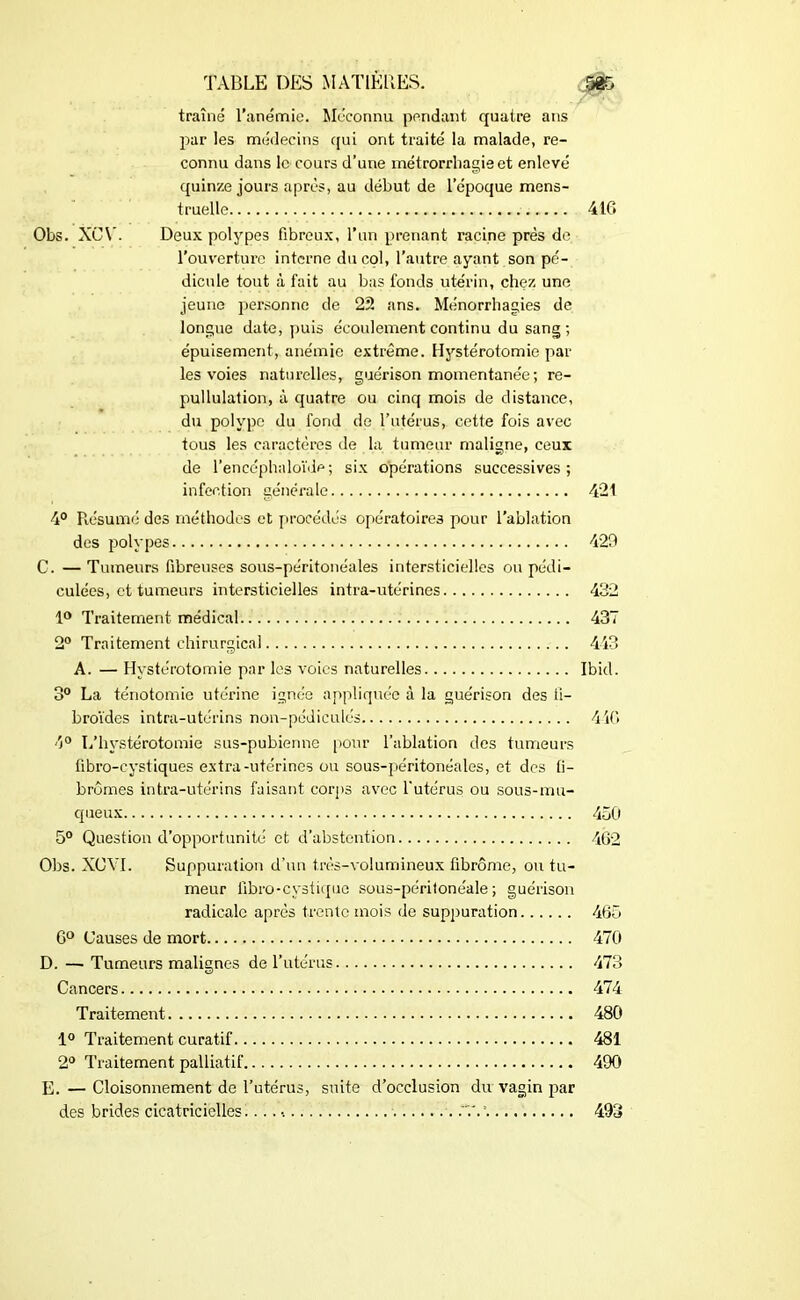 traîné l’anémie. Méconnu pendant quatre ans par les médecins qui ont traité la malade, re- connu dans le cours d’une métrorrhagieet enlevé quinze jours après, au début de l’époque mens- truelle 416 Obs. XCV. Deux polypes fibreux, l’un prenant racine près de l’ouverture interne du col, l’autre ayant son pé- dicule tout à fait au bas fonds utérin, chez une jeune personne de 22 ans. Ménorrhagies de longue date, puis écoulement continu du sang; épuisement, anémie extrême. Hystérotomie par- les voies naturelles, guérison momentanée; re- pullulation, à quatre ou cinq mois de distance, du polype du fond de l’utérus, cette fois avec tous les caractères de la tumeur maligne, ceux de l’encéphaloïde; six opérations successives; infection générale 421 4° Résumé des méthodes et procédés opératoires pour l’ablation des polypes 429 C. — Tumeurs fibreuses sous-péritonéales intersticielles ou pédi- culées, et tumeurs intersticielles intra-utérines 432 1° Traitement médical 437 2° Traitement chirurgical 443 A. — Hystérotomie par les voies naturelles Ibid. 3° La ténotomie utérine ignée appliquée à la guérison des fi- broïdes intra-utérins non-pédiculés 446 4° L’hystérotomie sus-pubienne pour l’ablation des tumeurs fibro-cystiques extra-utérines ou sous-péritonéales, et des fi- bromes intra-utérins faisant corps avec l'utérus ou sous-mu- queux 450 5° Question d’opportunité et d’abstention 462 Obs. XOYI. Suppuration d’un très-volumineux fibrome, ou tu- meur übro-cystique sous-péritonéale; guérison radicale après trente mois de suppuration 465 6° Causes de mort 470 D. — Tumeurs malignes de l’utérus 473 Cancers 474 Traitement 480 1° Traitement curatif 481 2° Traitement palliatif 490 E. — Cloisonnement de l’utérus, suite d’occlusion du vagin par des brides cicatricielles. .T.*. 493