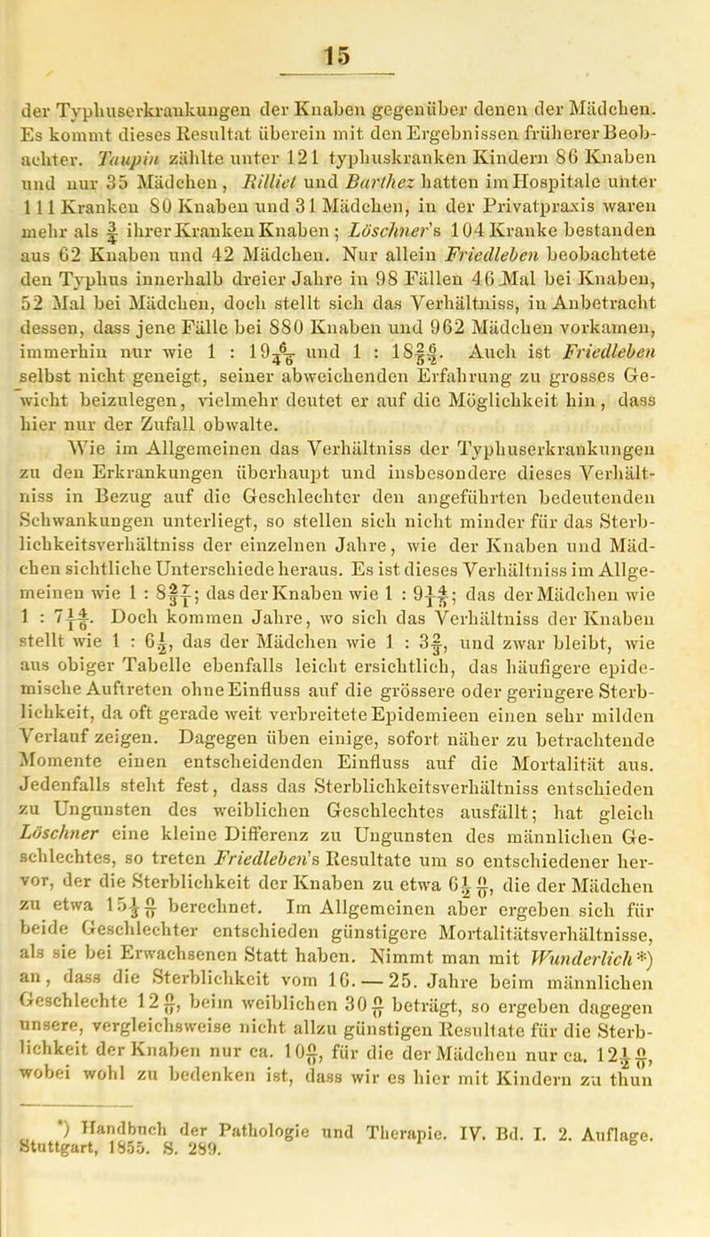 der Typliuserkraukuugen der Knaben gegenüber denen der Mädchen. Es kommt dieses Resultat überein mit den Ergebnissen früherer Beob- achter. Taupin zählte unter 121 typbuskranken Kindern 86 Knaben und nur 35 Mädchen, Rilliet und Barthez hatten im Hospitale unter 1 11 Kranken SO Knaben und 31 Mädchen, in der Privatpraxis waren mehr als 4 ihrer Kranken Knaben; Löschner's 104 Kranke bestanden aus 62 Knaben und 42 Mädchen. Nur allein Friedleben beobachtete den Typhus innerhalb dreier Jahre in 98 Fällen 46 Mal bei Knaben, 52 Mal bei Mädchen, doch stellt sich das Verhältniss, in Anbetracht dessen, dass jene Fälle bei 880 Knaben und 962 Mädchen vorkamen, immerhin nur wie 1 : 194U und 1 : 1 S|-|. Auch ist Friedleben selbst nicht geneigt, seiner abweichenden Erfahrung zu grosses Ge- wicht beizulegen, vielmehr deutet er auf die Möglichkeit hin, dass hier nur der Zufall obwalte. Wie im Allgemeinen das Verhältniss der Typhuserkrankungeu zu den Erkrankungen überhaupt und insbesondere dieses Verhält- niss in Bezug auf die Geschlechter den angeführten bedeutenden Schwankungen unterliegt, so stellen sich nicht minder für das Sterb- lichkeitsverhältniss der einzelnen Jahre, wie der Knaben und Mäd- chen sichtliche Unterschiede heraus. Es ist dieses Verhältniss im Allge- meinen wie 1 : 8|£; das der Knaben wie 1 : 9-j-Ä; das der Mädchen wie 1 : 714. Doch kommen Jahre, wo sich das Verhältniss der Knaben stellt wie 1 : 61, das der Mädchen wie 1 : 3-|, und zwar bleibt, wie aus obiger Tabelle ebenfalls leicht ersichtlich, das häufigere epide- mische Auftreten ohne Einfluss auf die grössere oder geringere Sterb- lichkeit, da oft gerade weit verbreitete Epidemieen einen sehr milden Verlauf zeigen. Dagegen üben einige, sofort näher zu betrachtende Momente einen entscheidenden Einfluss auf die Mortalität aus. Jedenfalls steht fest, dass das Sterblichkeitsverhältniss entschieden zu Ungunsten des weiblichen Geschlechtes ausfällt; hat gleich Löschner eine kleine Differenz zu Ungunsten des männlichen Ge- schlechtes, so treten Friedleben's Resultate um so entschiedener her- vor, der die Sterblichkeit der Knaben zu etwa 6* {}, die der Mädchen zu etwa 1 5 ^ fi berechnet. Im Allgemeinen aber ergeben sich für beide Geschlechter entschieden günstigere Mortalitätsverhältnisse, als sie bei Erwachsenen Statt haben. Nimmt man mit Wunderlich *) an, dass die Sterblichkeit vom 16. — 25. Jahre beim männlichen Geschleehte 12 ft, beim weiblichen 30 41 beträgt, so ergeben dagegen unsere, vergleichsweise nicht allzu günstigen Resultate für die Sterb- lichkeit der Knaben nur ca. 10$, für die der Mädchen nur ca. 121 o, wobei wohl zu bedenken ist, dass wir es hier mit Kindern zu thun *) Tfandbnch der Pathologie und Therapie. IV. Bd. I. 2. Auflage. Stuttgart, 1855. S. 289.