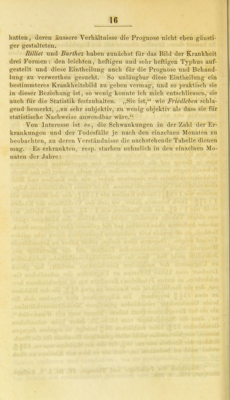 hatten, deren äussere Verhältnisse die Prognose nicht eben günsti- ger gestalteten. Rilliet und Barthez haben zunächst für das Bild der Krankheit drei Formen: den leichten, heftigen und sehr heftigen Typhus auf- gestellt und diese Eintheilung auch für die Prognose und Behand- lung zu verwerthen gesucht. So unläugbar diese Eintheilung ein bestimmteres Krankheitsbild zu geben vermag, und so praktisch sie in dieser Beziehung ist, so wenig konnte ich mich entschliessen, sie auch für die Statistik festzuhalten. „Sie ist,“ wie Friedleben schla- gend bemerkt, „zu sehr subjektiv, zu wenig objektiv als dass sie für statistische Nachweise anwendbar wäre.“ Von Interesse ist es, die Schwankungen in der Zahl der Er- krankungen und der Todesfälle je nach den einzelnen Monaten zu beobachten, zu deren Verständnisse die nachstehende Tabelle dienen mag. Es erkrankten, resp. starben nehmlich in den einzelnen Mo- naten der Jahre: