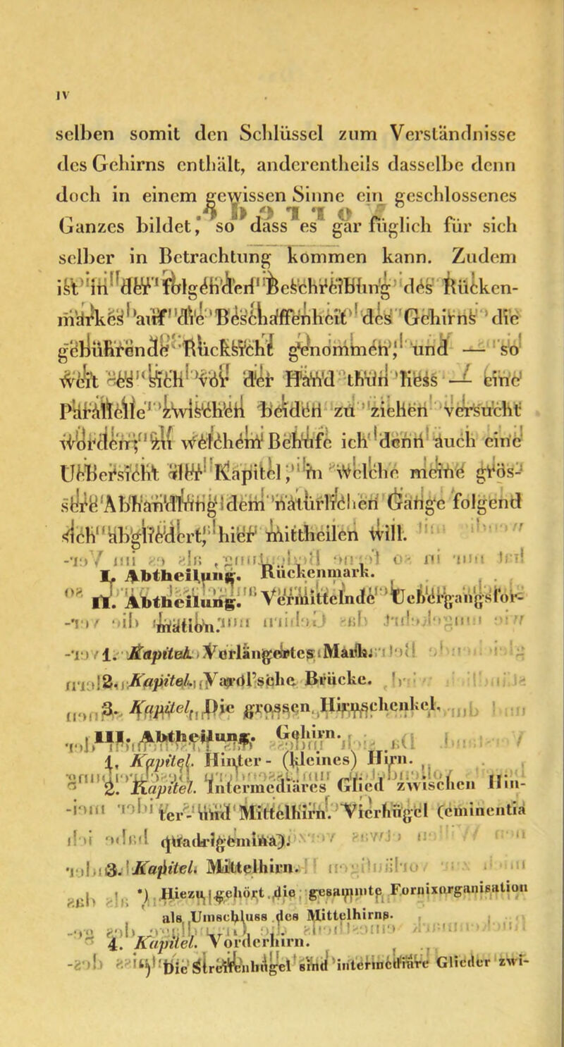 selben somit den Schlüssel zum Verständnisse des Gehirns enthält, anderenteils dasselbe denn doch in einem ejeYissen Sinne ein geschlossenes Ganzes bildet,’ so dass es gar füglich für sich selber in Betrachtung kommen kann. Zudem ist iü ,dfe^If^lg^h'A'edl%efeehr,fe‘lBlin'g dhs Bücken- 'aiff'clVe'B^stliäfFehheit des Gchirnk die göliüRrenä^^’Blickfeteh^ ^enommeh^’ und — so der mm thuri liess — eine PkfälMieT ’ KvlBeideti zu ziehen versucht ^iördeif;f]^ti \tf&h*hdm' Behelfe ich‘denri äuch eine ühBe&TöM; ?rl^!!^äpt^i;’:!hiWelche meine' ^ös- s !ABhah'd’feh^Idem 'ü ätlirhdheff (jätige folgend <1 eh''!hiieP itittheilcn ivill. ' ' -10V au 89 äfß .Bfiulujjbpfl Ofiiai 08 ui ■mit (So I- Abtheilimi;. Rückenmark. a -J ■ 08 f ~ . rv ( - ii. Abthellung. ’’ Vermittelnde tleh^fgangsfoK -iav 9 ib ^iltl^n.'11^1 u i 1 ' -’iivl. KapiteL :> Verlängertes iMaifoj !'>U m rrit,|2. s>JKßpiteL\ (yVdl’sche Brücke, -y. groiisen. H^cheiikcl. TOfcFftrtftSMepif Sy' t • X, Kapitel. Hinter- (kleines) Hirn. eni|d|,fii' > '.n• u'i i i' -.t.. m!- , hü' - i «i:., r> Kapitel. Intermediäres Glied zwischen Hm- -«•>»“ ,r,i,i ter- iiüd*Mittelhirn. 'Vicrfuigcl (eminentm i: >i odiid ' ! •j-il,!i3.'KaflileL Mittelhirn. i: w ;uih !•; *) Hiezu,j^ehöjqt.ilie gesaiftmtp Furnixurganisatioii als Umschluss lies Mittelhirns. ,'d. ,ru\ OUJ fioiU »9 ~ 4. Kapitel. Vorderhirn. ( -fc >!> *d4^1 ;bic giriÄihAgel' sxttd ’iiiterinfsifinre Glieder zvvi-