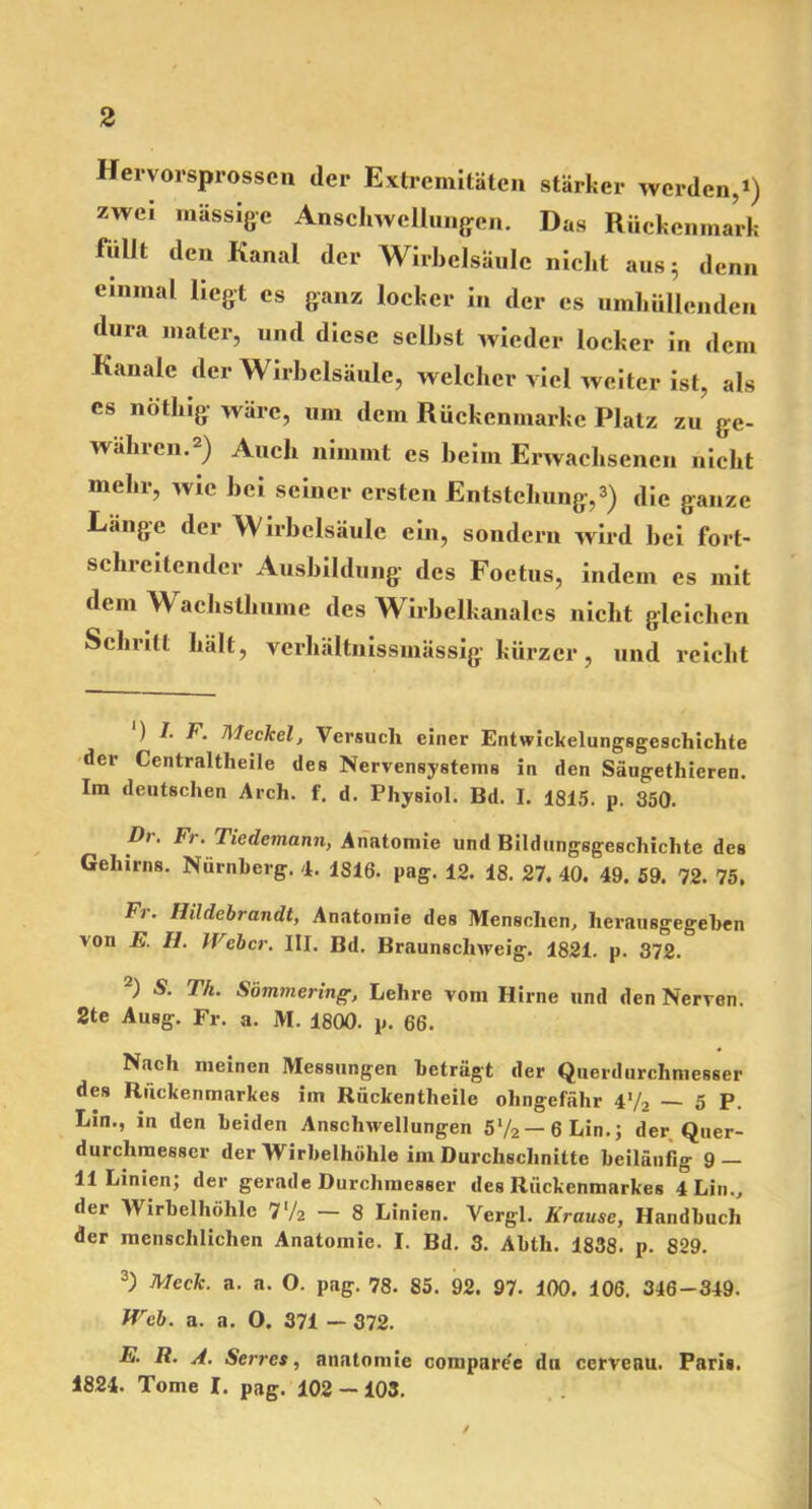 Heryorsprosscn der Extremitäten stärker werden,*) zwei massige Anschwellungen. Das Rückenmark füllt den Kanal der Wirbelsäule nicht aus; denn einmal liegt es ganz locker in der es umhüllenden dura mater, und diese selbst wieder locker in dem Kanäle der Wirbelsäule, welcher viel weiter ist, als cs nöthig wäre, um dem Rückenmarke Platz zu ge- währen.2) Auch nimmt es beim Erwachsenen nicht mehr, wie bei seiner ersten Entstehung,3) die ganze Länge der Wirbelsäule ein, sondern wird bei fort- schreitender Ausbildung des Foetus, indem es mit dem Wachsthuine des Wirbelkanalcs nicht gleichen Schritt hält, verhältnissmässig kürzer, und reicht ) I. F. 1Meckel, Versuch einer Entwickelungsgeschichte der Centraltheile des Nervensystems in den Säugethieren. Im deutschen Arch. f. d. Physiol. Bd. I. 1815. p. 350. Di. Fr. Tiedemann, Anatomie und Bildungsgeschichte des Gehirns. Nürnberg. 4. 1S16. pag. 12. 18. 27. 40. 49. 59. 72. 75. Fi. Hildebrandt, Anatomie des Menschen, lierausgegehen von E. H. Weber. III. Bd. Braunschweig. 1821. p. 372. ) S. Th. Sommer ing, Lehre vom Hirne und den Nerven. 2te Ausg. Fr. a. M. 1800. p. 66. Nach meinen Messungen beträgt der Querdurchmesser des Rückenmarkes im Riickentlieilc olingefähr 4'/2 — 5 P. Lin., in den beiden Anschwellungen 5V2— 6 Lin.} der. Quer- durchmesscr der Wirbelhöhle im Durchschnitte beiläufig 9 — 11 Linien; der gerade Durchmesser des Rückenmarkes 4 Lin., der Wirbelhöhle 772 — 8 Linien. Vergl. Krause, Handbuch der menschlichen Anatomie. I. Bd. 3. Abth. 1838. p. 829. 3) Meck. a. a. O. pag. 78. 85. 92. 97. 100. 106. 346-349. Web. a. a. O. 371 — 372. E. R. A. Serres, anatomie compart'e du ccrvenu. Paris. 4824. Tome I. pag. 102 — 103.