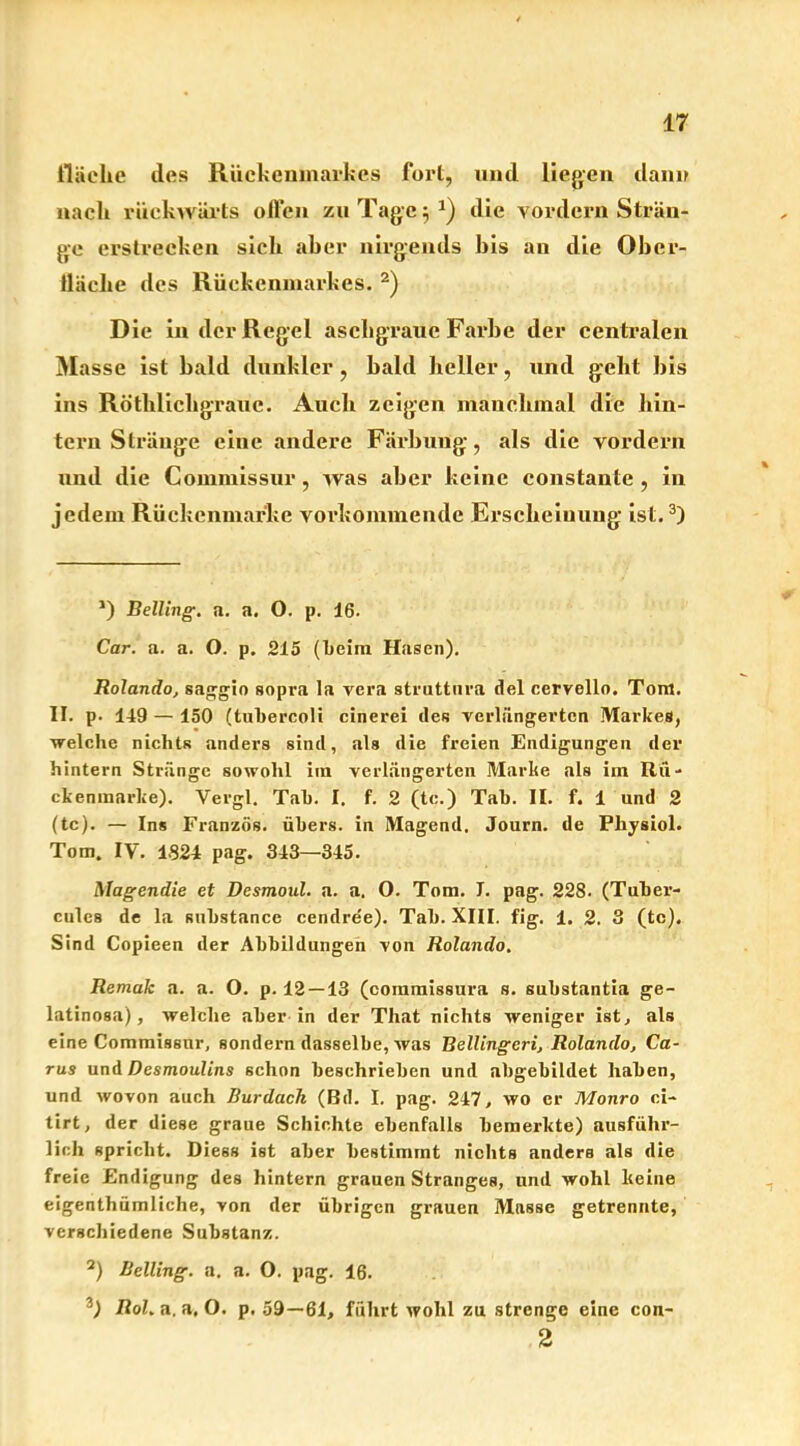 flache des Rückenmarkes fort, und liegen dann nach rückwärts offen zu Tage;1) die vordem Strän- ge erstrecken sich aber nirgends bis an die Ober- fläche des Rückenmarkes. 2) Die in der Regel aschgraue Farbe der centralen Masse ist bald dunkler, bald heller, und geht bis ins Röthlicligrauc. Auch zeigen manchmal die hin- tern Stränge eine andere Färbung, als die vordem nnd die Commissur, was aber keine constanle , in jedem Rückenmarke vorkommende Erscheinung ist.3) J) Belling. a. a. O. p. 16. Car. a. a. O. p. 215 (Leim Hasen). Rolando, saggio sopra la vera struttura del cervello. Tom. II. p- 149 — 150 (tubercoli cinerei des verlängerten Markes, welche nichts anders sind, als die freien Endigungen der hintern Stränge sowohl im verlängerten Marke als im Rü- ckenmarke). Vergl. Tah. I. f. 2 (tc.) Tah. II. f. 1 und 2 (tc). — Ins Franzos, übers, in Magend. Journ. de Physiol. Tom. IV. 1324 pag. 343—345. Magendie et Desmoul. a. a. O. Tom. J. pag. 228. (Tuber- culcs de la snbstance cendre'e). Tab. XIII. fig. 1. 2. 3 (tc). Sind Copieen der Abbildungen von Rolando. Remak a. a. O. p. 12 — 13 (commissura s. substantia ge- latinosa), welche aber in der That nichts weniger ist, als eine Commissur, sondern dasselbe, was Bellingcri, Rolando, Ca- rus und Desmoulins schon beschrieben und abgebildet haben, und wovon auch Burdach (Bd. I. pag. 247, wo er Monro ci- tirt, der diese graue Schichte ebenfalls bemerkte) ausführ- lich spricht. Diess ist aber bestimmt nichts anders als die freie Endigung des hintern grauen Stranges, und wohl keine eigenthumliehe, von der übrigen grauen Masse getrennte, verschiedene Substanz. 2) Belling. a. a. O. pag. 16. 3) Roh a. a. O. p. 59—61, führt wohl zu strenge eine con- 2