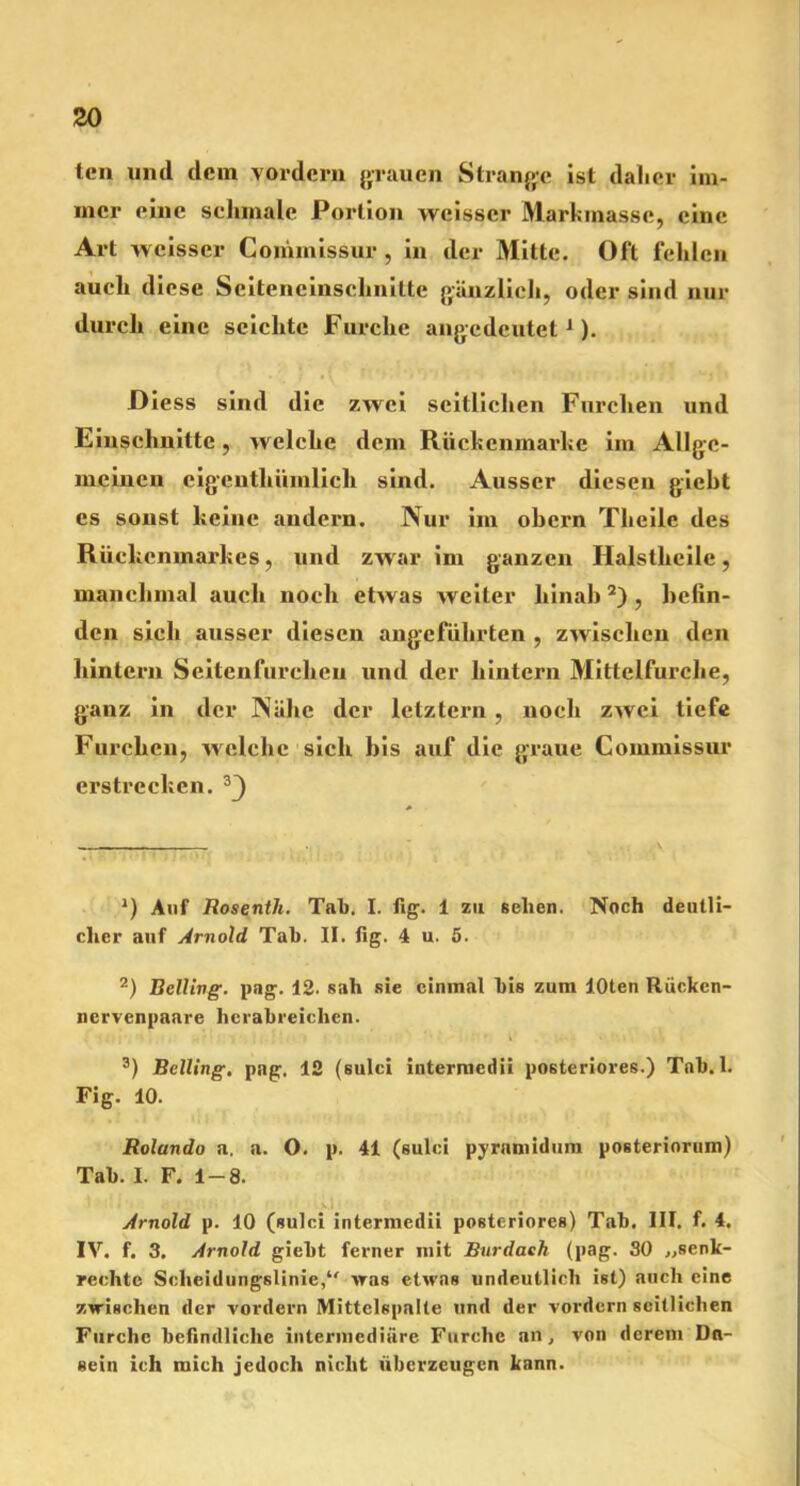 ten und dem vordem grauen Strange ist dalier im- mer eine schmale Portion weisscr Markmasse, eine Art weisscr Commissur , in der Mitte. Oft fehlen auch diese Seiteneinsclinilte gänzlicli, oder sind nur durch eine seichte Furche angedeutet1). Diess sind die zwei seitlichen Furchen und Einschnitte, welche dem Rückenmarke im Allge- meinen eigenthiimlich sind. Ausser diesen giebt cs sonst keine andern. Nur im obern Theilc des Rückenmarkes, und zwar im ganzen Ilalstkcile, manchmal auch noch etwas weiter hinab2), befin- den sich ausser diesen angeführten , zwischen den hintern Seitenfurcben und der hintern Mittelfurche, ganz in der Nähe der letztem , noch zwei tiefe Furchen, welche sich bis auf die graue Commissur erstrecken. 3J 1) Auf Rosenth. Tab. I. fig. 1 zu sehen. Noch deutli- cher auf Arnold Tab. II. fig. 4 u. 5. 2) Bclling. pag. 12. sah sie einmal bis zum lOten Rückcn- nervenpaare herabreichen. 3) Bclling. pag. 12 (sulci intermedii posteriores.) Tab. 1. Fig. 10. Rolando a. a. O. p. 41 (sulci pyramidum posteriorum) Tab. I. F. 1-8. Arnold p. 10 (sulci intermedii posteriores) Tab. III. f. 4. IV. f. 3. Arnold giebt ferner mit Burdaeh (pag. 30 „senk- rechte Scheidungslinie,1' was etwas undeutlich ist) auch eine zwischen der vordem Mittelspalte und der vordem seitlichen Furche befindliche intermediäre Furche an, von derem Da- sein ich mich jedoch nicht überzeugen kann.