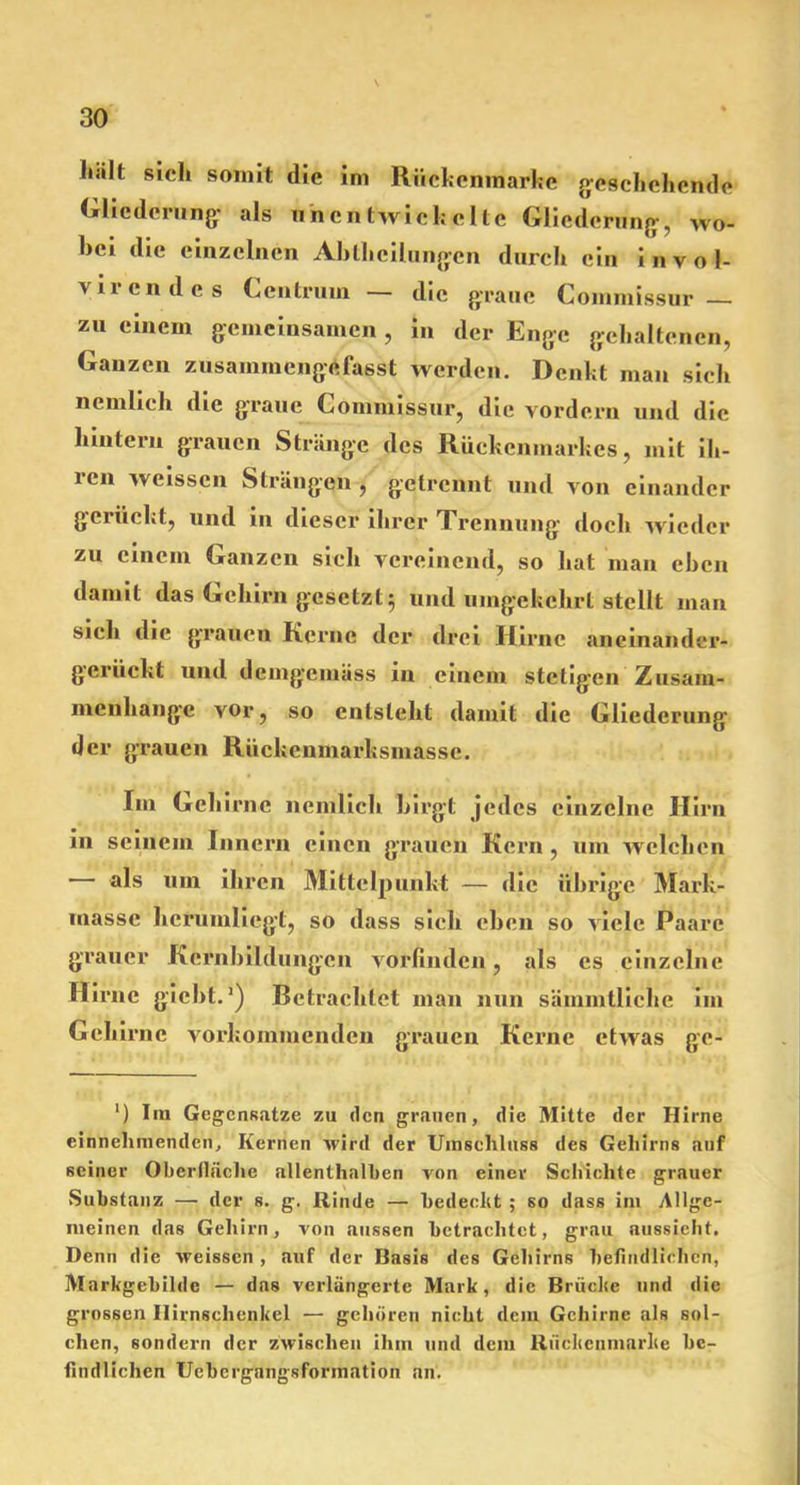 hält sich somit die im Riiekenmarkc geschehende Gliederung als unentwickelte Gliederung, wo- bei die einzelnen Abheilungen durch ein invol- viiendcs Ccntrmn — die graue Commissur — zu einem gemeinsamen , in der Enge gehaltenen, Ganzen zusaininengofasst werden. Denkt man sich nemlich die graue Commissur, die vordem und die hintern grauen Stränge des Rückenmarkes, mit ih- lcn weissen Strängen, getrennt und von einander gerückt, und in dieser ihrer Trennung doch wieder zu einem Ganzen sieh vereinend, so hat man eben damit das Gehirn gesetzt5 und umgekehrt stellt man sich die grauen Kerne der drei Hirne aneinander- gerückt und demgemäss in einem stetigen Zusam- menhänge vor, so entsteht damit die Gliederung der grauen Riickenmarksmasse. Im Geh irne nemlich birgt jedes einzelne Hirn in seinem Innern einen grauen Kern, um welchen als um ihren Mittelpunkt — die übrige Mark- masse hcrumliegt, so dass sieh eben so viele Paare grauer Kcrnbildungen vorfinden, als es einzelne Hirne gießt.1) Betrachtet man nun sämmtliche im Gehirne vorkommenden grauen Kerne etwas ge- ‘) Im Gegensätze zu (len grauen, die Mitte der Hirne einnehmenden, Kernen wird der Umschluss des Gehirns auf seiner Oberfläche allenthalben von einer Schichte grauer Substanz — der s. g. Rinde — bedeckt; so dass im Allge- meinen das Gehirn, von aussen betrachtet, grau aussieht. Denn die weissen, auf der Basis des Gehirns befindlichen, Markgebilde — das verlängerte Mark, die Brücke und die grossen Ilirnschenkel — gehören nicht dem Gehirne als sol- chen, sondern der zwischen ihm und dem Riickenmarke be- findlichen Uebergangsformation an.