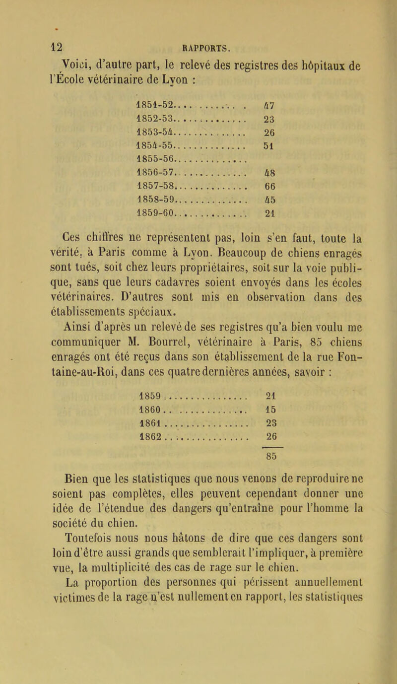 Voici, d’aulre part, le relevé des registres des hôpitaux de l’École vétérinaire de Lyon : 1851-52 1852-53 1853-54 1854-55 1855-56 1856-57. 1857-58 1858-59 1859-60 Ces chiffres ne représentent pas, loin s’en faut, toute la vérité, à Paris comme à Lyon. Beaucoup de chiens enragés sont tués, soit chez leurs propriétaires, soit sur la voie publi- que, sans que leurs cadavres soient envoyés dans les écoles vétérinaires. D’autres sont mis en observation dans des établissements spéciaux. Ainsi d’après un relevé de ses registres qu’a bien voulu me communiquer M. Bourrel, vétérinaire à Paris, 85 chiens enragés ont été reçus dans son établissement de la rue Fon- taine-au-Roi, dans ces quatre dernières années, savoir : 1859 21 1860 15 1861 23 1862 .. 26 85 Bien que les statistiques que nous venons de reproduire ne soient pas complètes, elles peuvent cependant donner une idée de l’étendue des dangers qu’entraîne pour l’homme la société du chien. Toutefois nous nous hâtons de dire que ces dangers sont loin d’être aussi grands que semblerait l’impliquer, à première vue, la multiplicité des cas de rage sur le chien. La proportion des personnes qui périssent annuellement victimes de la rage n’est nullement en rapport, les statistiques