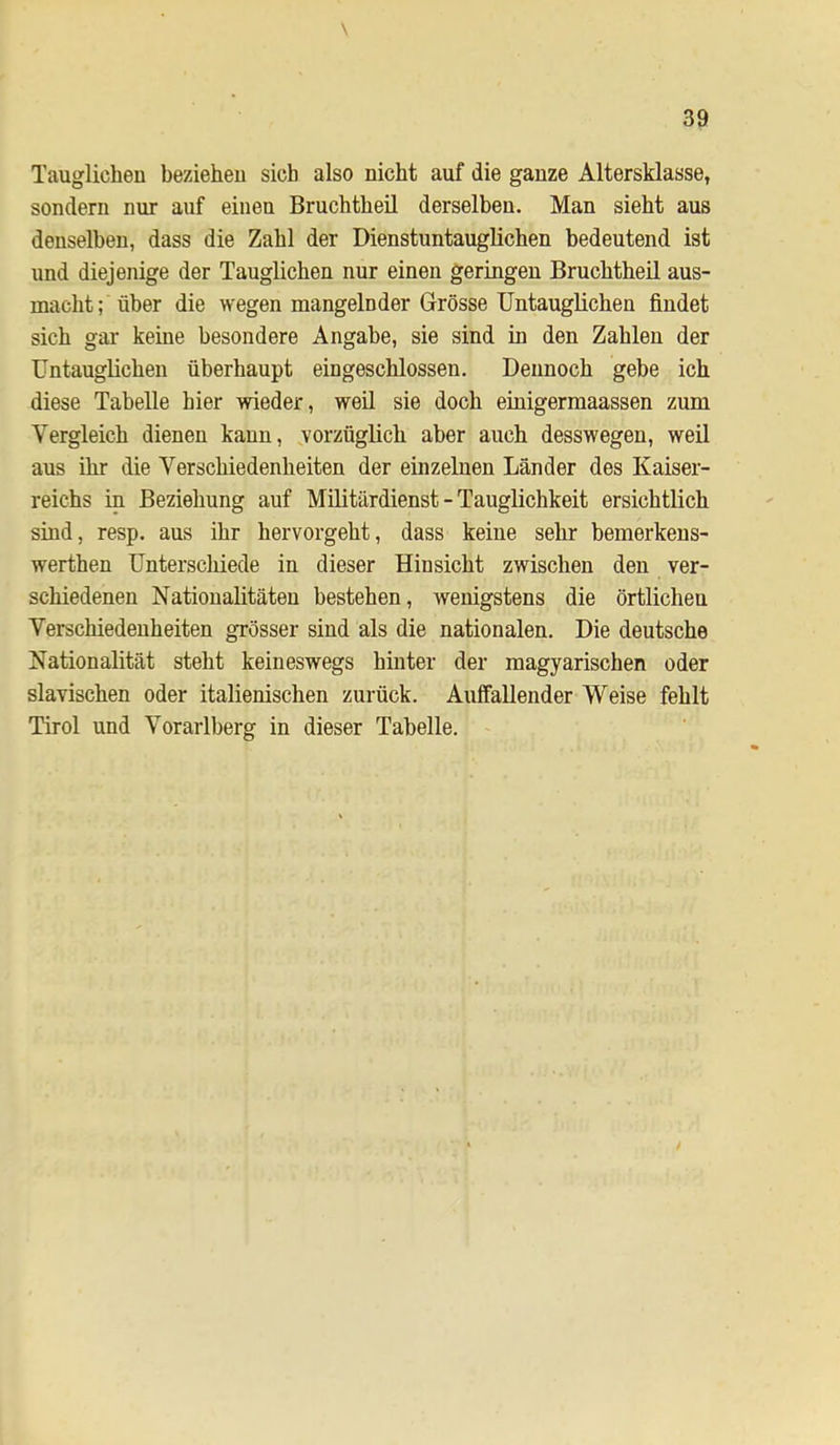 \ Tauglichen beziehen sich also nicht auf die ganze Altersklasse, sondern nur auf einen Bruchtheil derselben. Man sieht aus denselben, dass die Zahl der Dienstuntauglichen bedeutend ist und diejenige der Tauglichen nur einen geringen Bruchtheil aus- macht; über die wegen mangelnder Grösse Untauglichen findet sich gar keine besondere Angabe, sie sind in den Zahlen der Untauglichen überhaupt eingeschlossen. Dennoch gebe ich diese Tabelle hier wieder, weil sie doch einigermaassen zum Vergleich dienen kann, vorzüglich aber auch desswegen, weil aus ihr die Verschiedenheiten der einzelnen Länder des Kaiser- reichs in Beziehung auf Militärdienst - Tauglichkeit ersichtlich sind, resp. aus ihr hervorgeht, dass keine sehr bemerkens- werthen Unterschiede in dieser Hinsicht zwischen den ver- schiedenen Nationalitäten bestehen, wenigstens die örtlichen Verschiedenheiten grösser sind als die nationalen. Die deutsche Nationalität steht keineswegs hinter der magyarischen oder slavischen oder italienischen zurück. Auffallender Weise fehlt Tirol und Vorarlberg in dieser Tabelle.