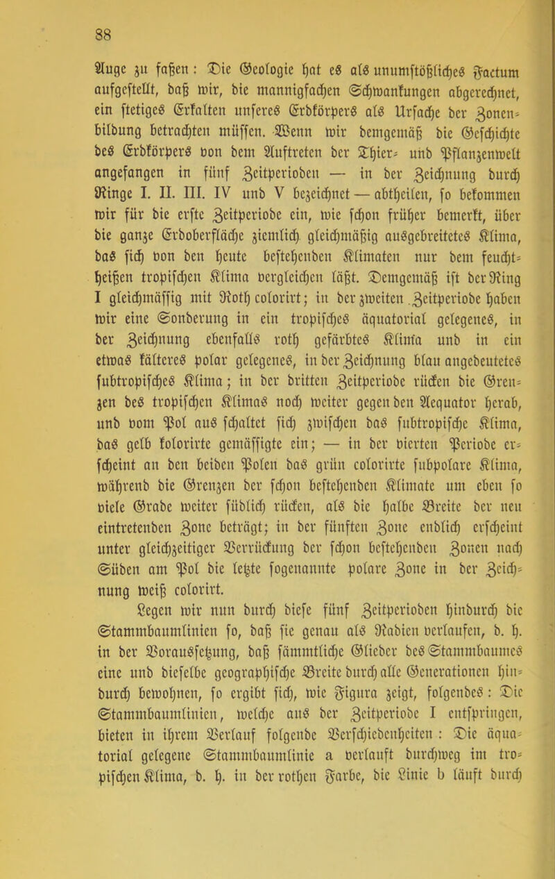 5tugc jit faßen: ®ie ©eotogtc ßat eS a(« unurnftößficfieö tlactum aufgefteUt, baß mir, bie mannigfachen ©cßmonfungen abgerechnet, ein ftetigeg (grfalten nnfereS ©rbförfier« afö Urfache ber 3onen> bübung betrachten müffen. 2Benn mir bemgemöß bie ©efchichte beö (Srbförherö non bem Slnftreten ber Slßier- uhb ^flanjenmelt angefangen in fünf ^eitpcrioben — in ber 3eichnung burch Öiingc I, II. III. IV unb V bezeichnet — abtheiten, fo befommen mir für bie erftc 3£it|5criobe ein, mie fchon früher bemerft, über bie gonje (Srboberpche jicmtich gteidhmäßig ouögebreiteteö ^üma, baS fich üon ben heute beftehenben ^(imaten nur bem feudht* heißen tropifchen ^Uma öergteiihen tößt. 2)emgcmäß ift berfRing I gteiihmöffig mit 9?oth colorirt; in ber jmeiten ,3citheriobe haben mir eine ©onberung in ein tropift^eö äquatorial gelegenes, in ber 3eie^uung ebenfalls roth gefärbtes ^lim’a unb in ein ctmaS fältcreS fjolar gelegenes, in ber 3eichuung blau angebeuteteS fubtrohifihe^ ^lima; in ber britten 3eill>criobe rüden bie ®ren- Zen beS tropifchen Klimas nod) meiter gegen ben Slequator hevab, unb öom 'ipol aus fdhaltet fid) zmifchen baS fnbtropifche Älima, baS gelb folorirte gemäffigte ein; — in ber oierten ^eriobe er» fcheint an ben beiben '*13olen baS grün colorirte fnbpolare ^lima, mährenb bie ©renjen ber fd)on beftehenben ^limate um eben fo oiele ®rabe meiter füblid; rüden, als bie h^lbe Breite ber neu eintretenben 3°uc beträgt; in ber fünften 3one enbli^ crfcheint unter gleichzeitiger 33errüdung ber fchon beftehenben 3oucn nad; ©üben am ’ißol bie le^te fogenannte polare 3°ue iu ber 3'^i'^)* nung meiß colorirt. Segen mir nun burch biefe fünf 3'^*^P<^iüoben ßinburd) bie ©tammbaumlinien fo, baß fie genau als 9fabien oerlaufcn, b. h. in ber iJSorauSfehung, baß fämmtliche ©lieber beS©tammbaumcS eine unb biefelbe geographifd;e S5reite bnrd) ade ©cnerationen Ijiu* burch bemohnen, fo ergibt fidj, mie f^igura zeigt, folgenbeS: S^ic ©tammbaumlinien, meldje ans ber 3edperiobe I entfpringen, bieten in ihrem S5erlauf folgenbe 95erfd;iebcnheiten : ®ic äqun» torial gelegene ©tammbaumlinie a oerlauft bnrdjmcg im tro» pifchen ^lima, b. h- in berrothen ^arbe, bie Sinie b läuft biivd)