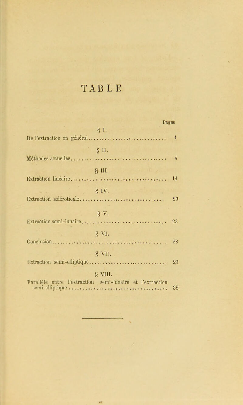TAB L E Pases § I. De l’extraction en général 1 § II. Méthodes actuelles 4 § III. Extraction linéaire 11 § IV. Extraction scléroticale 19 § V. Extraction semi-lunaire 23 § VI. Conclusion 28 § VII. Extraction semi-elliptique 29 § Vlll. Parallèle entre l’extraction semi-lunaire et l’extraction semi-elliptique 38