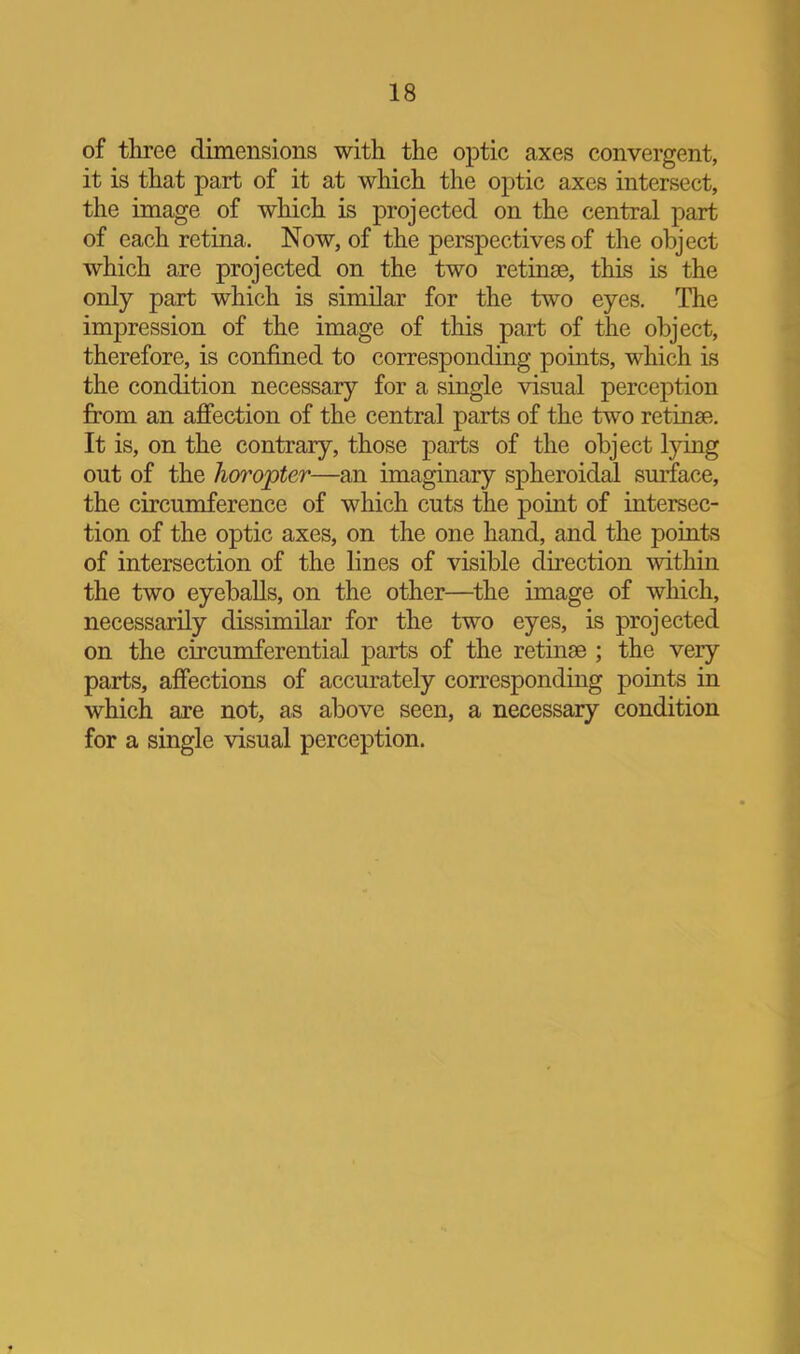 of three dimensions with the optic axes convergent, it is that part of it at which the optic axes intersect, the image of which is projected on the central part of each retina. Now, of the perspectives of the object which are projected on the two retinse, this is the only part which is similar for the two eyes. The impression of the image of this part of the object, therefore, is confined to corresponding points, which is the condition necessary for a single visual perception from an affection of the central parts of the two retinae. It is, on the contrary, those parts of the object lying out of the horopter—an imaginary spheroidal surface, the circumference of which cuts the point of intersec- tion of the optic axes, on the one hand, and the points of intersection of the lines of visible direction within the two eyeballs, on the other—the image of which, necessarily dissimilar for the two eyes, is projected on the circumferential parts of the retinae ; the very parts, affections of accurately corresponding points in which are not, as above seen, a necessary condition for a single visual perception.