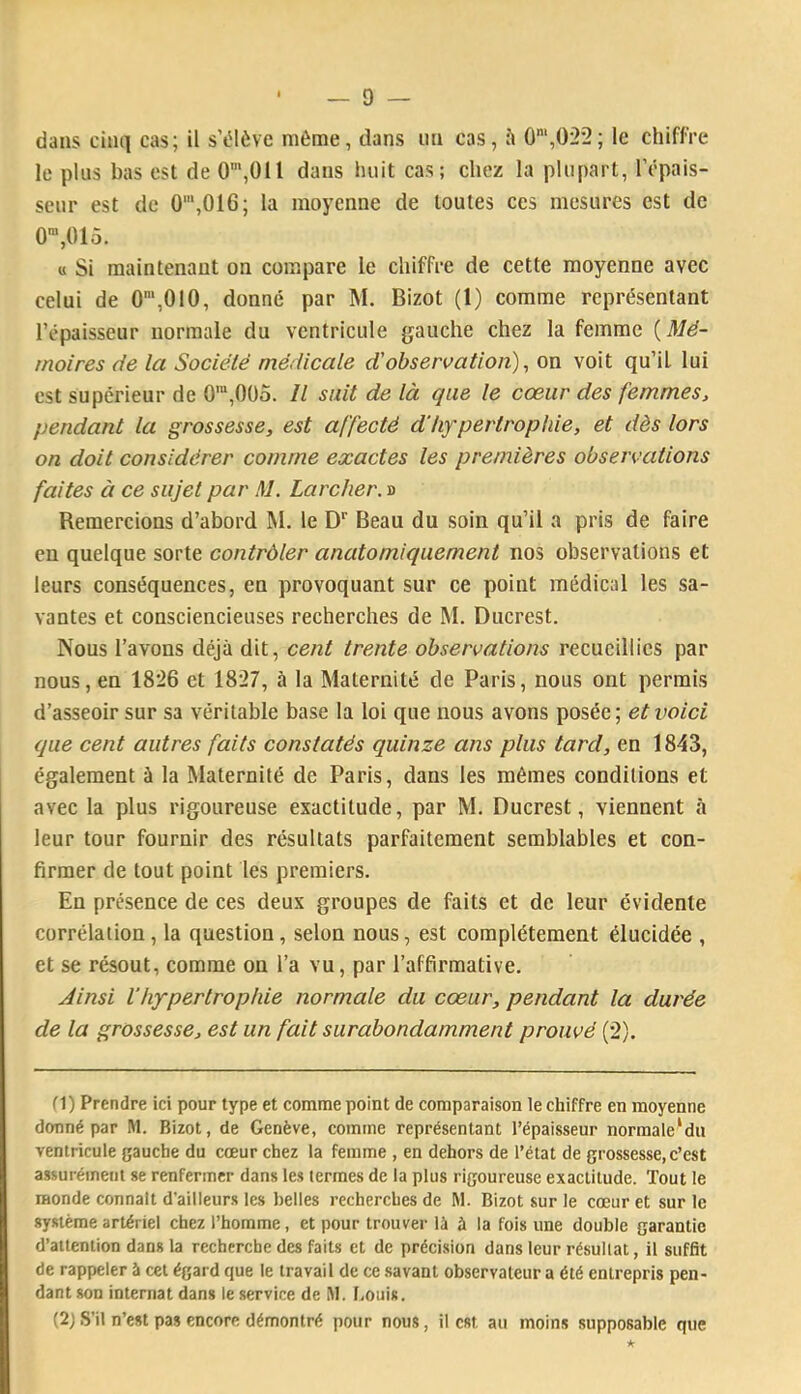 D — dans cinq cas; il sYMève même, dans un cas, à 0‘,022; le chiflre le plus bas est de 0',01l dans huit cas; chez la plupart, l’épais- seur est de 0',016; la moyenne de toutes ces mesures est de 0”,015. « Si maintenant on compare le chiffre de cette moyenne avec celui de 0',010, donné par M. Bizot (1) comme représentant l’épaisseur normale du ventricule gauche chez la femme {Mé- moires de la Société médicale d’obseri^ation), on voit qu’il lui est supérieur de 0’“,0ü5. Il suit de là que le cœur des femmes, pendant la grossesse, est affecté d'hypertrophie, et dès tors on doit considérer comme exactes les premières observations faites à ce sujet par M. Larcher, d Remercions d’abord M. le D'' Beau du soin qu’il a pris de faire en quelque sorte contrôler anatomiquement nos observations et leurs conséquences, en provoquant sur ce point médical les sa- vantes et consciencieuses recherches de M. Ducrest. Nous l’avons déjà dit, cent trente observations recueillies par nous, en 18*26 et 1827, à la Maternité de Paris, nous ont permis d’asseoir sur sa véritable base la loi que nous avons posée ; et voici que cent autres faits constatés quinze ans plus tard, en 1843, également à la Maternité de Paris, dans les mêmes conditions et avec la plus rigoureuse exactitude, par M. Ducrest, viennent à leur tour fournir des résultats parfaitement semblables et con- firmer de tout point les premiers. En présence de ces deux groupes de faits et de leur évidente corrélation, la question, selon nous, est complètement élucidée , et se résout, comme on l’a vu, par l’affirmative. Jinsi l'hypertrophie normale du cœur, pendant la durée de la grossesse, est un fait surabondamment prouvé (2). (1) Prendre ici pour type et comme point de comparaison le chiffre en moyenne donné par M. Bizot, de Genève, comme représentant l’épaisseur normale‘du ventricule gauche du cœur chez la femme , en dehors de l’état de grossesse, c’est assurément se renfermer dans les termes de la plus rigoureuse exactitude. Tout le monde connaît d'ailleurs les belles recherches de M. Bizot sur le cœur et sur le système artériel chez l’homme, et pour trouver li à la fois une double garantie d’attention dans la recherche des faits et de précision dans leur résultat, il suffit de rappeler à cet égard que le travail de ce savant observateur a été entrepris pen- dant son internat dans le service de M. I.ouis. (2) S’il n’est pas encore démontré pour nous, il est au moins supposable que ★