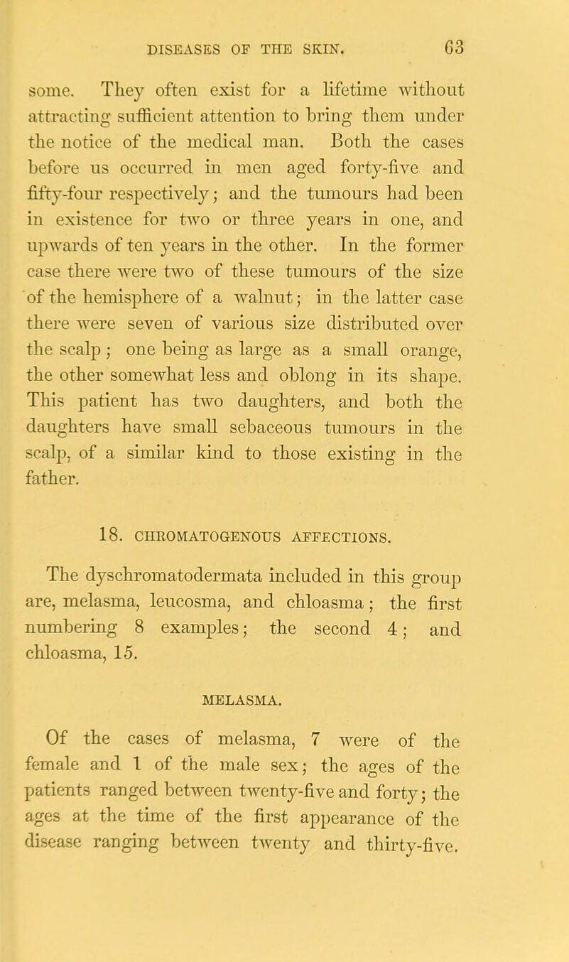 some. They often exist for a lifetime without attracting sufficient attention to bring them under the notice of the medical man. Both the cases before us occurred in men aged forty-five and fifty-four respectively; and the tumours had been in existence for two or three years in one, and upwards of ten years in the other. In the former case there were two of these tumours of the size of the hemisphere of a walnut; in the latter case there were seven of various size distributed over the scalp; one being as large as a small orange, the other somewhat less and oblong in its shape. This patient has two daughters, and both the daughters have small sebaceous tumours in the scalp, of a similar kind to those existing in the father. 18. CHEOMATOGENOUS AFFECTIONS. The dyschromatodermata included in this group are, melasma, leucosma, and chloasma; the first numbering 8 examples; the second 4; and chloasma, 15. MELASMA. Of the cases of melasma, 7 were of the female and I of the male sex; the ages of the patients ranged between twenty-five and forty; the ages at the time of the first appearance of the disease ranging between twenty and thirty-five.