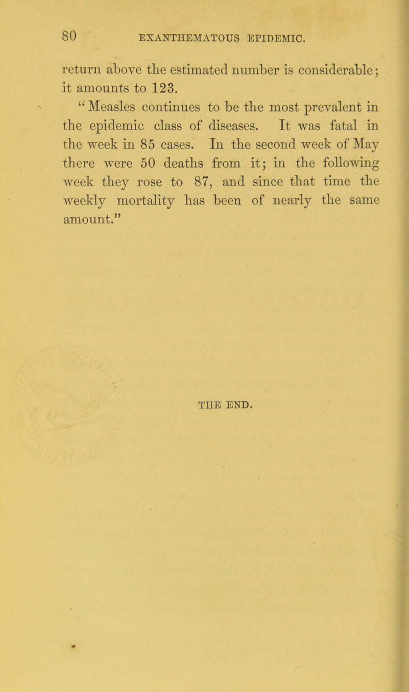 1 80 EXANTHEMATOUS EPIDEMIC. return above the estimated number is considerable; it amounts to 123. “ Measles continues to be the most prevalent in the epidemic class of diseases. It was fatal in the week in 85 cases. In the second week of May there were 50 deaths from it; in the following Aveek they rose to 87, and since that time the Aveekly mortality has been of nearly the same amount.” THE END.