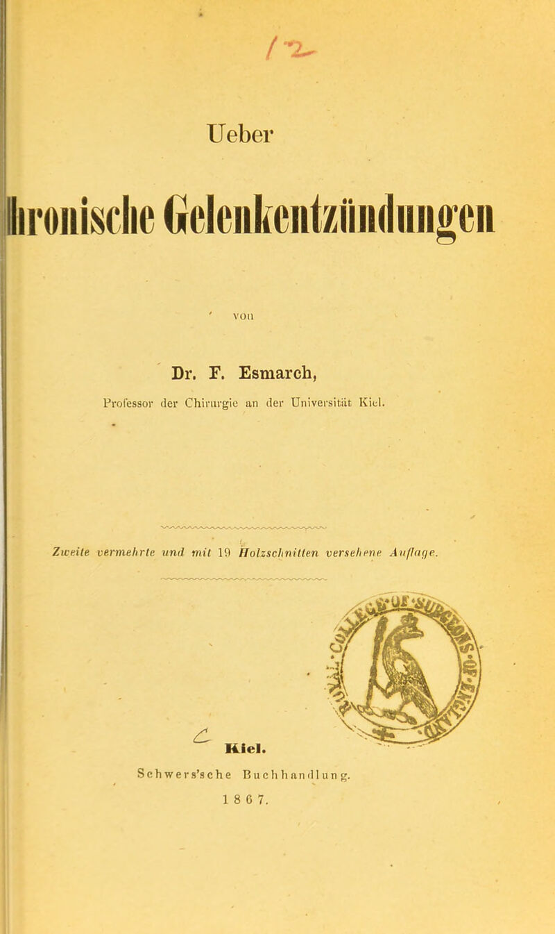 lieber ' von Dr. F. Esmarch, Professor der Chirurgie an der Universität Kiel. Zweite vermehrte und mit 19 Uolzschnitten versehene AujJcKje. S c h w e r s’s c h e Buchhandlung.