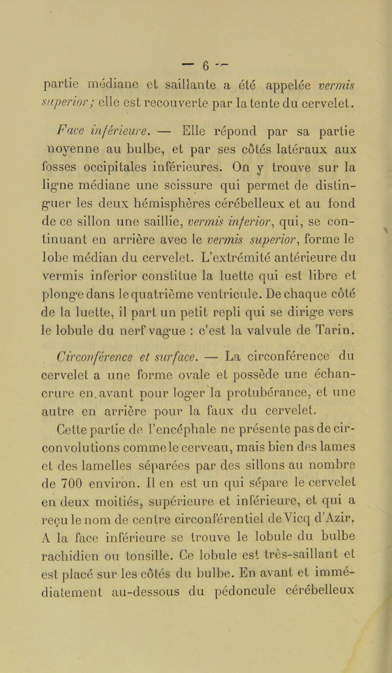 partie médiane et saillante a été appelée vermis superior; elle est recouverte par la tente du cervelet. Face inférieure. — Elle répond par sa partie noyenne au bulbe, et par ses côtés latéraux aux fosses occipitales inférieures. On y trouve sur la lig’ne médiane une scissure qui permet de distin- g’uer les deux hémisphères cérébelleux et au fond de ce sillon une saillie, vermis inferm\ qui, se con- tinuant en arrière avec le vermis superior., forme le lobe médian du cervelet. L’extrémité antérieure du vermis inferior constitue la luette qui est libre et plong'edans lequatrième ventricule. De chaque côté de la luette, il part un petit repli qui se dirigée vers le lobule du nerfvag*ue : c’est la valvule de Tarin. Circoréférence et surface. — La circonférence du cervelet a une forme ovale et possède une échan- crure en.avant pour log’er la protubérance, et une autre en arrière pour la faux du cervelet. Cette partie de l’encéphale ne présente pas de cir- convolutions comme le cerveau, mais bien des lames et des lamelles séparées par des sillons au nombre de 700 environ. Il en est un qui sépare le cervelet en deux moitiés, supérieure et inférieure, et qui a reçu le nom de cen tre circonférentiel deVicq d’Azir. A la face inférieure se trouve le lobule du bulbe rachidien ou tonsille. Ce lobule est très-saillant et est placé sur les côtés du bulbe. En avant et immé- diatement au-dessous du pédoncule cérébelleux